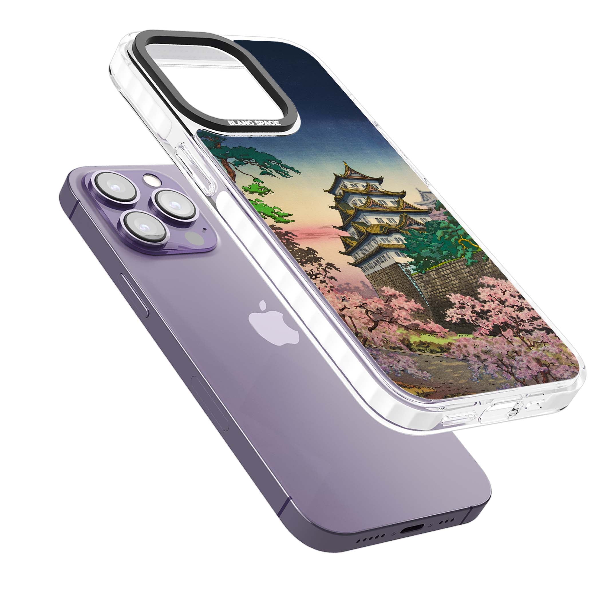Nagoya Castle Japanese iPhone case featuring a vintage pagoda, twilight sky and cherry blossom trees | Impact Magsafe case for iPhone 13 Pro, iPhone 14 Pro, iPhone 15 Pro