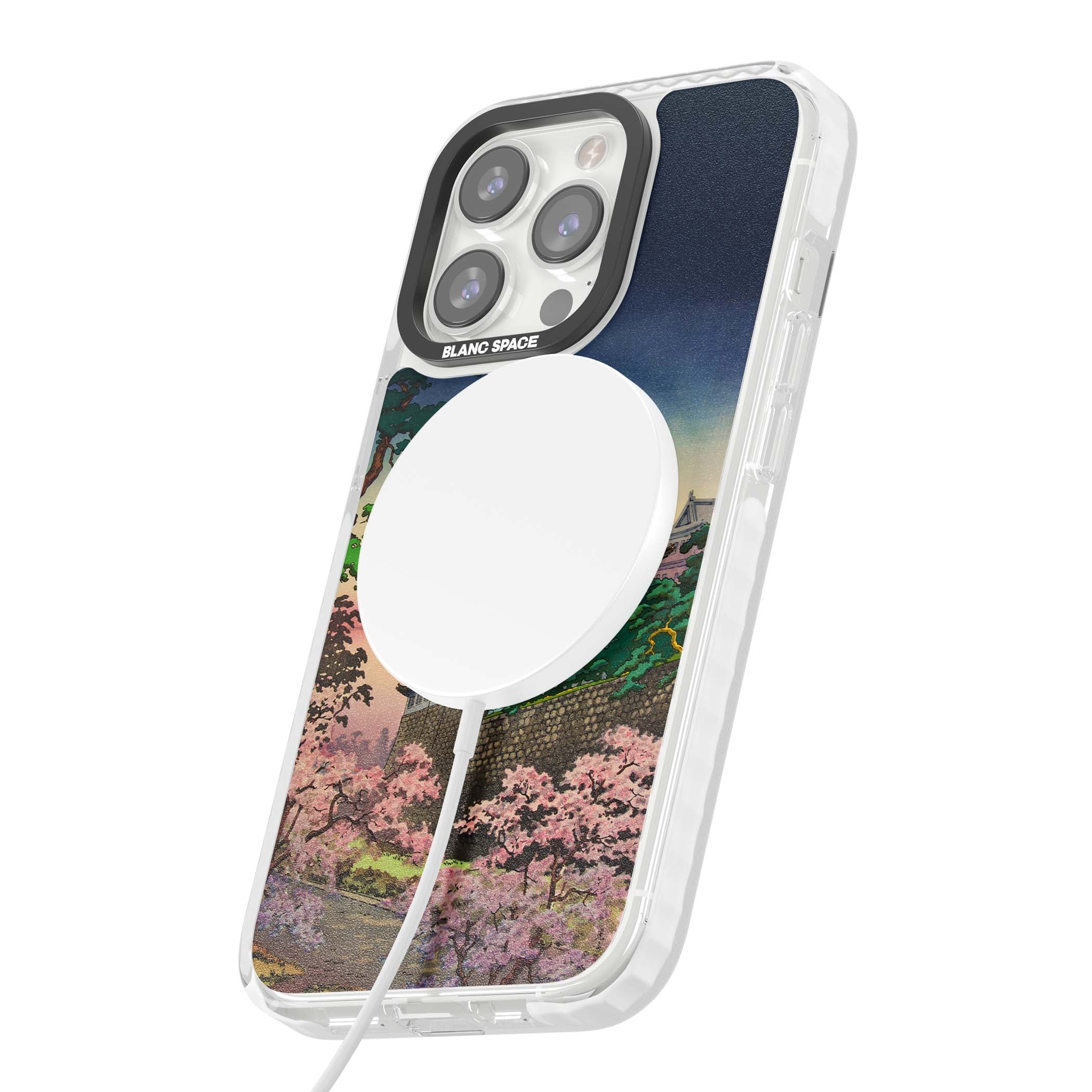 Nagoya Castle Japanese iPhone case featuring a vintage pagoda, twilight sky and cherry blossom trees | Impact Magsafe case for iPhone 13 Pro, iPhone 14 Pro, iPhone 15 Pro
