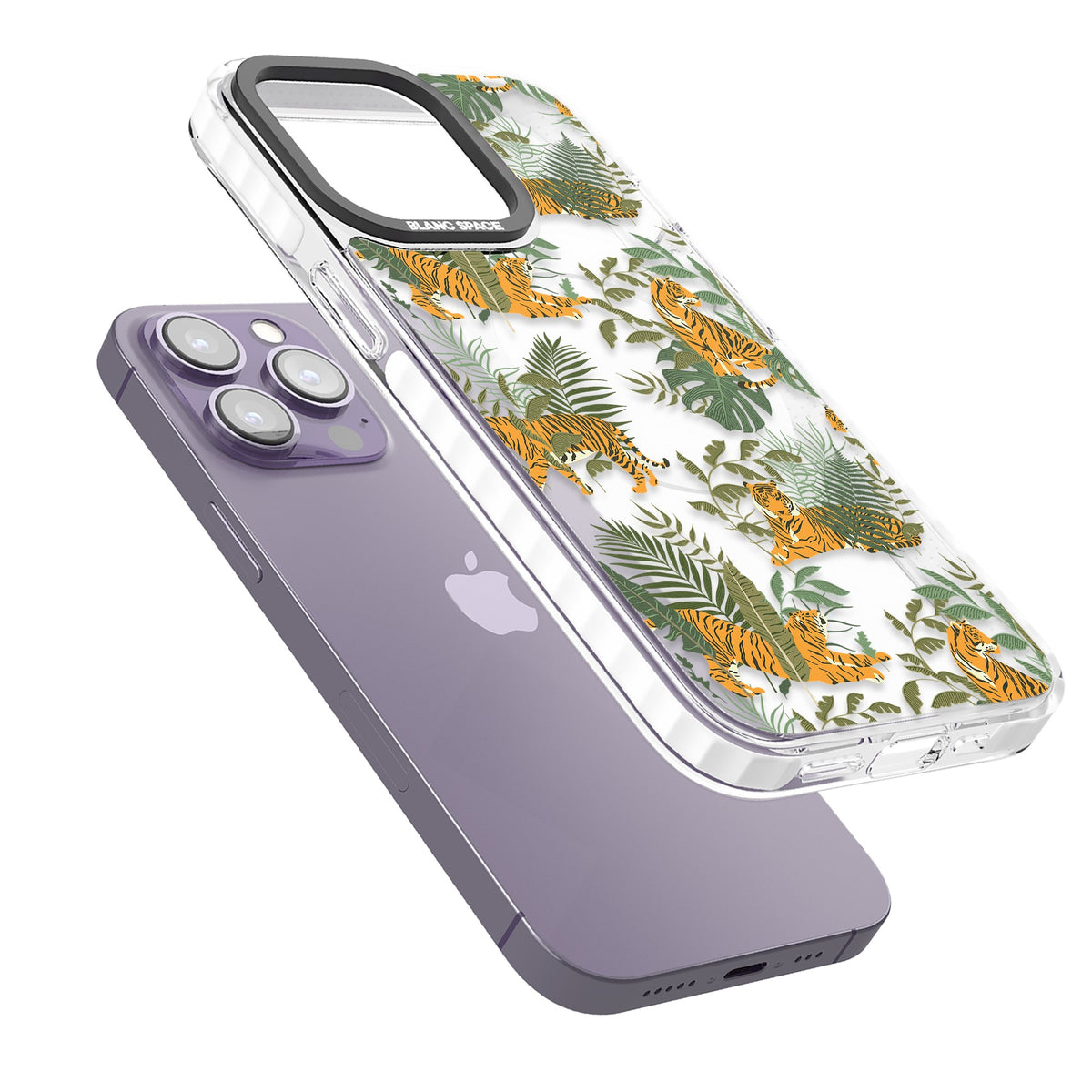 Tiger & Fern Jungle iPhone 13 Pro / iPhone 13 Pro Max / iPhone 14 Pro / iPhone 14 Pro Max / iPhone 15 Pro / iPhone 15 Pro Max Impact Pro Clear Phone Case angled
