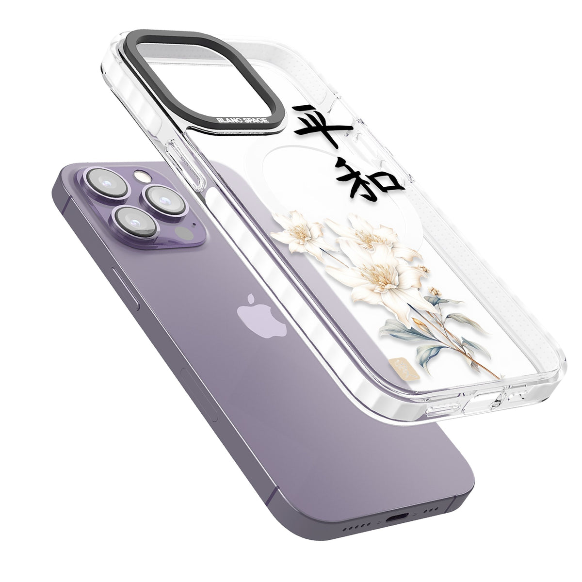 Peace And Flowers iPhone 13 Pro / iPhone 13 Pro Max / iPhone 14 Pro / iPhone 14 Pro Max / iPhone 15 Pro / iPhone 15 Pro Max Impact Pro Clear Phone Case angled