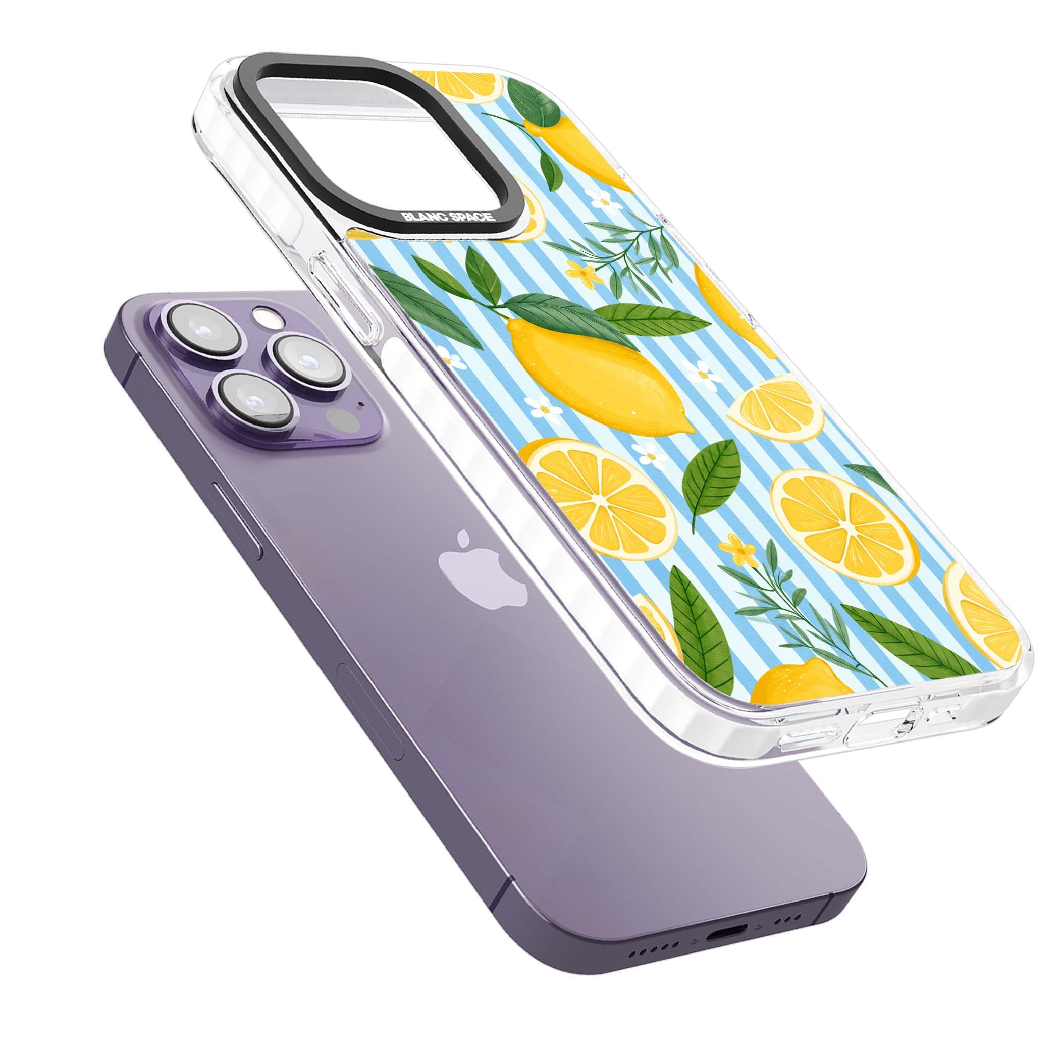 Capri Citrus Stripe coastal iPhone case featuring yellow lemons, blue stripes, and white daisy blossoms | Impact Magsafe case for iPhone 13 Pro, iPhone 14 Pro, iPhone 15 Pro