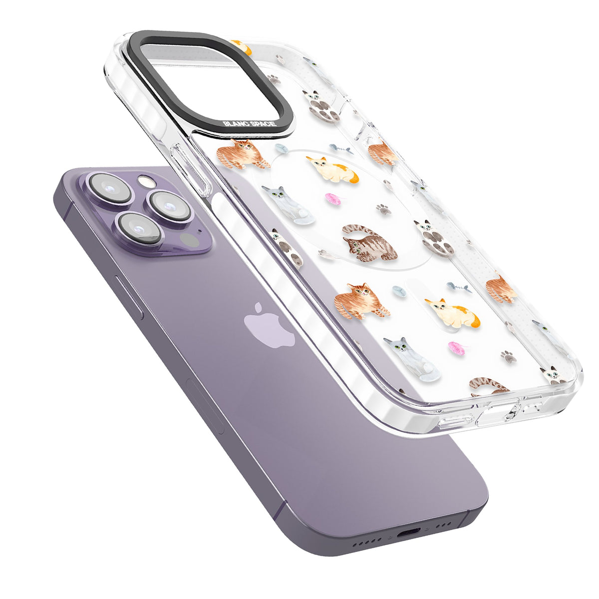Playful Cats iPhone 13 Pro / iPhone 13 Pro Max / iPhone 14 Pro / iPhone 14 Pro Max / iPhone 15 Pro / iPhone 15 Pro Max Impact Pro Clear Phone Case angled