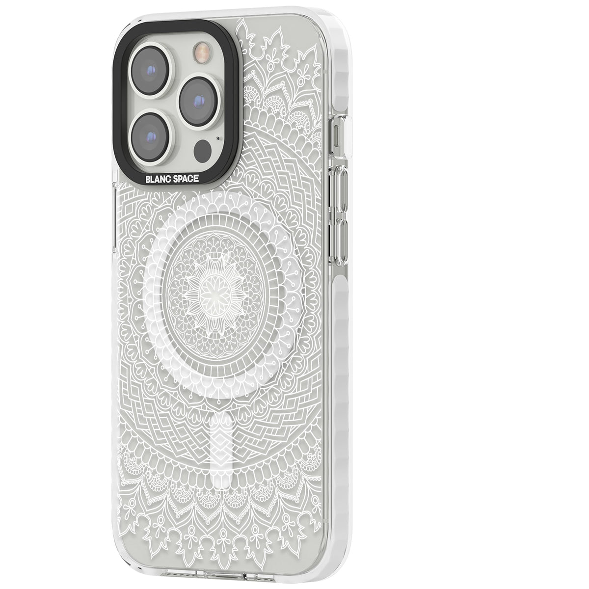 White Mandala iPhone 13 Pro / iPhone 13 Pro Max / iPhone 14 Pro / iPhone 14 Pro Max / iPhone 15 Pro / iPhone 15 Pro Max Impact Pro Clear Phone Case side