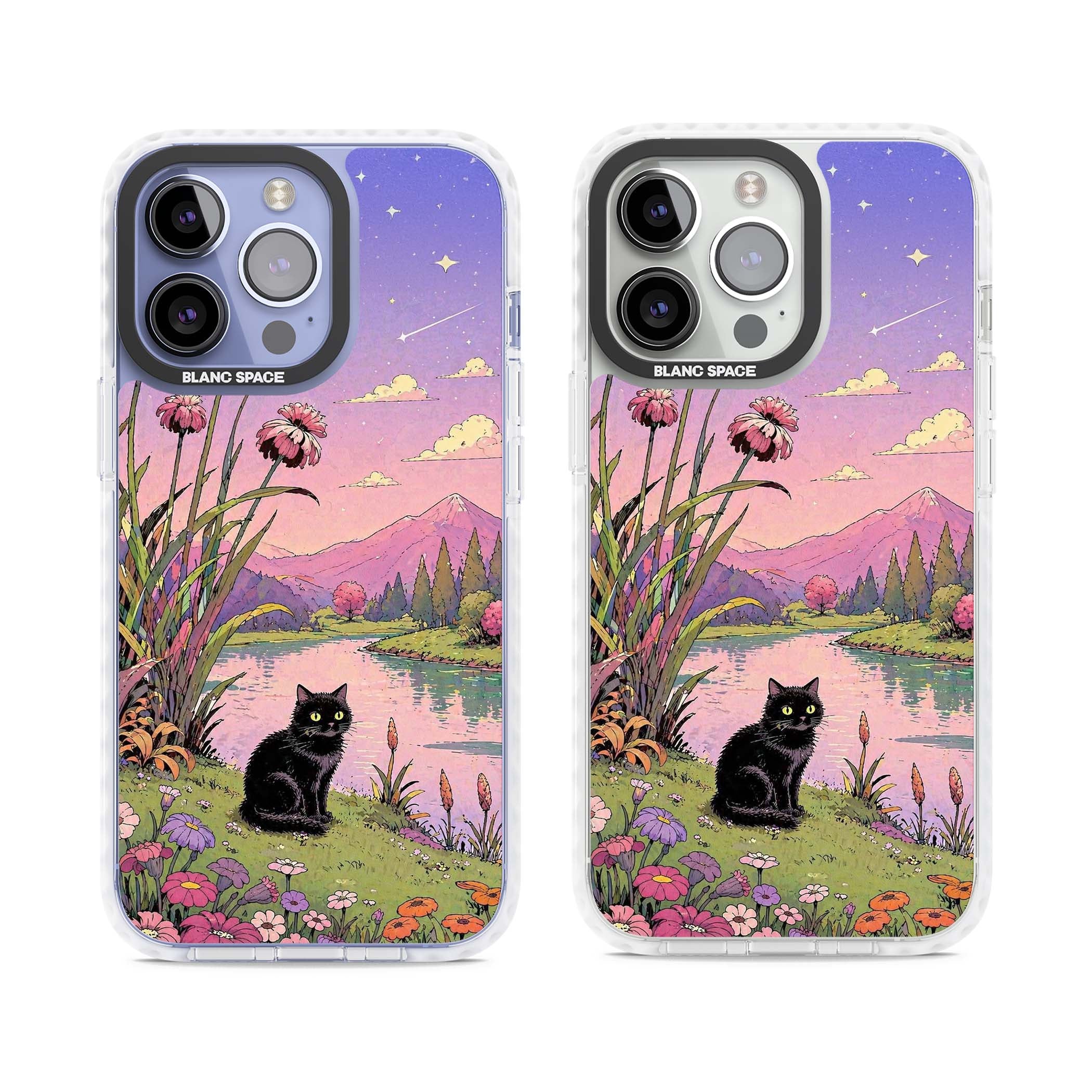 Mystic Whiskers ghibli iPhone case featuring a black cat by a pastel lake, wildflowers and a starry sunset sky | Impact Magsafe case for iPhone 13 Pro, iPhone 14 Pro, iPhone 15 Pro