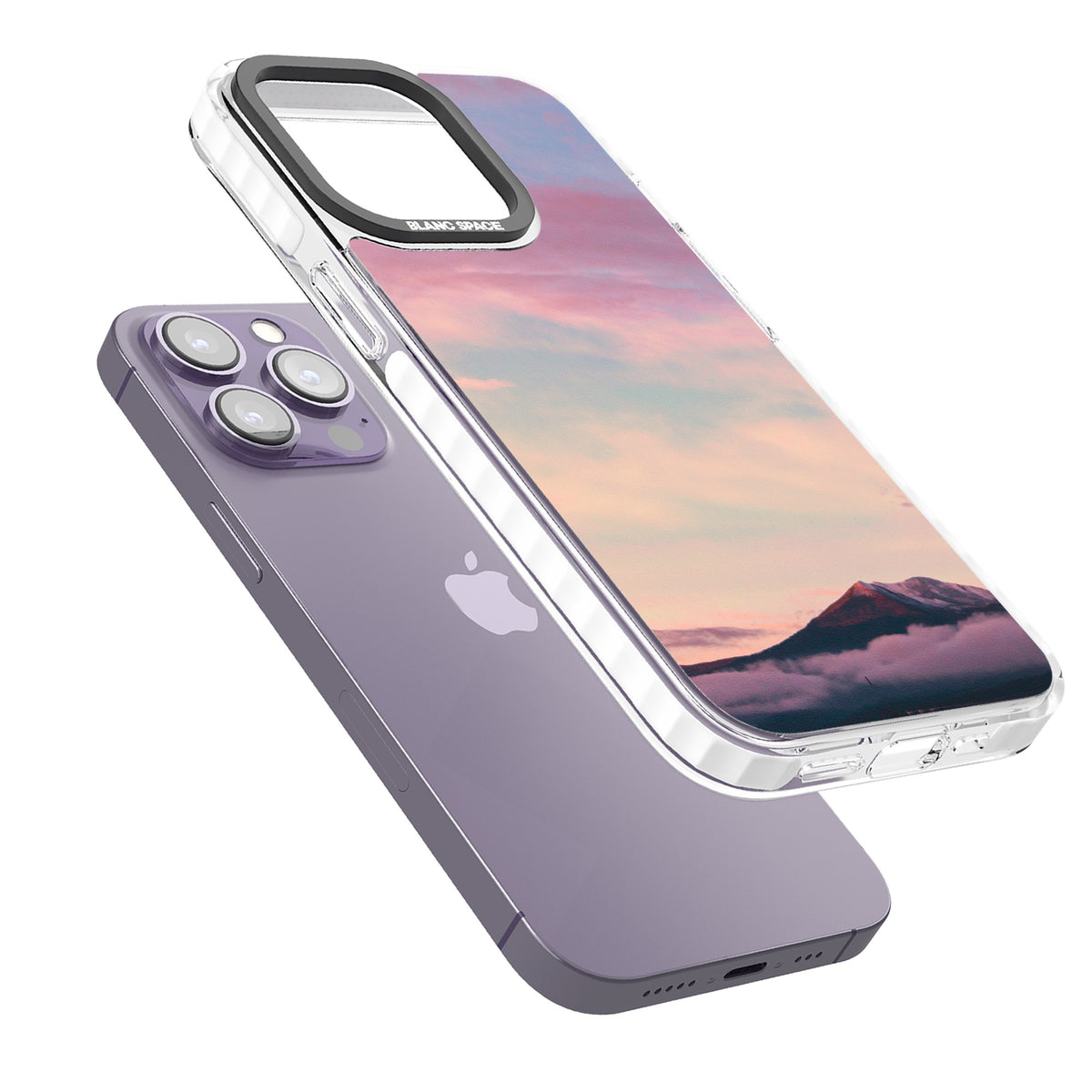 Pastel Mountain Sunset iPhone 13 Pro / iPhone 13 Pro Max / iPhone 14 Pro / iPhone 14 Pro Max / iPhone 15 Pro / iPhone 15 Pro Max Impact Pro Clear Phone Case angled