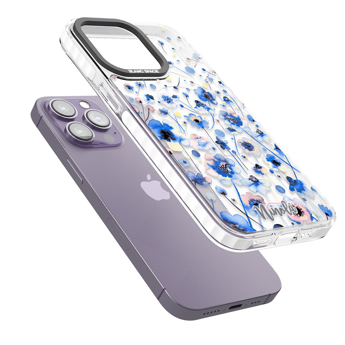 Ink Flowers Blue iPhone 13 Pro / iPhone 13 Pro Max / iPhone 14 Pro / iPhone 14 Pro Max / iPhone 15 Pro / iPhone 15 Pro Max Impact Pro Clear Phone Case angled