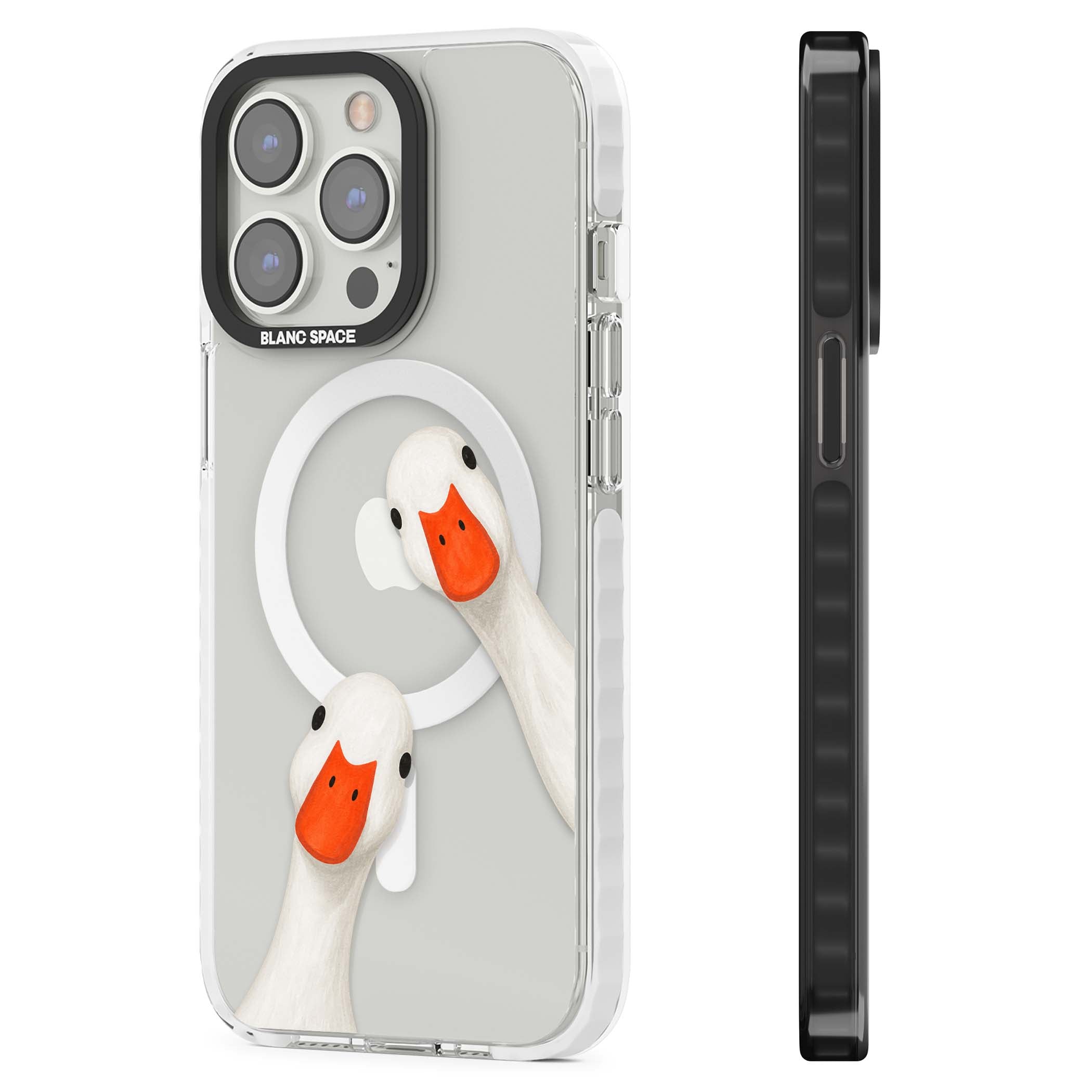 Nosy Ducks cottagecore iPhone case featuring two peeking white ducks with orange beaks on a clear background | Impact Magsafe case for iPhone 13 Pro, iPhone 14 Pro, iPhone 15 Pro