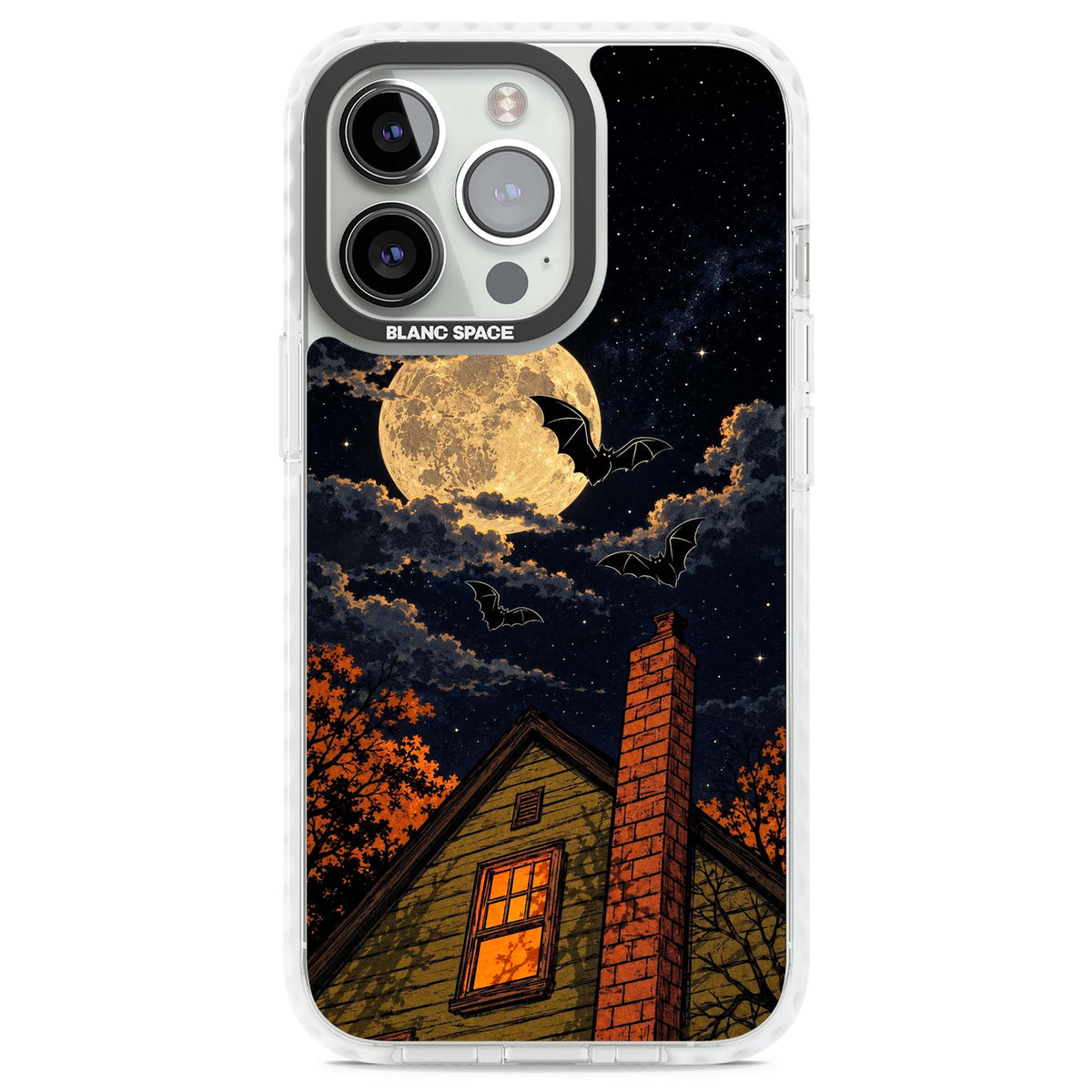 Hollows Eve Halloween iPhone case featuring a haunted house, full moon and flying bats against a starry autumn sky | Impact Magsafe case for iPhone 13 Pro, iPhone 14 Pro, iPhone 15 Pro