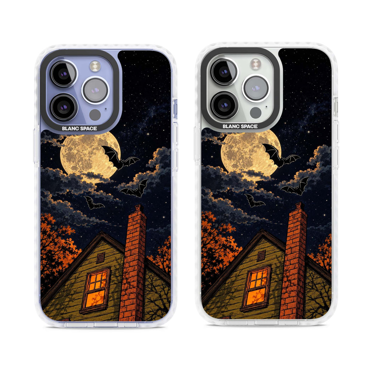 Hollows Eve Halloween iPhone case featuring a haunted house, full moon and flying bats against a starry autumn sky | Impact Magsafe case for iPhone 13 Pro, iPhone 14 Pro, iPhone 15 Pro