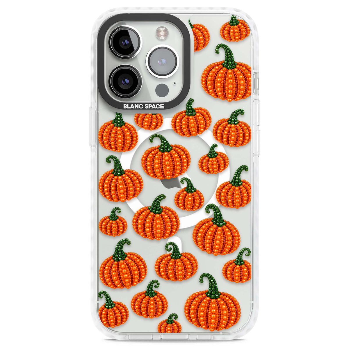 Beaded Pumpkins halloween iPhone case featuring beaded orange pumpkins with green stems on a clear background | Impact Magsafe case for iPhone 13 Pro, iPhone 14 Pro, iPhone 15 Pro