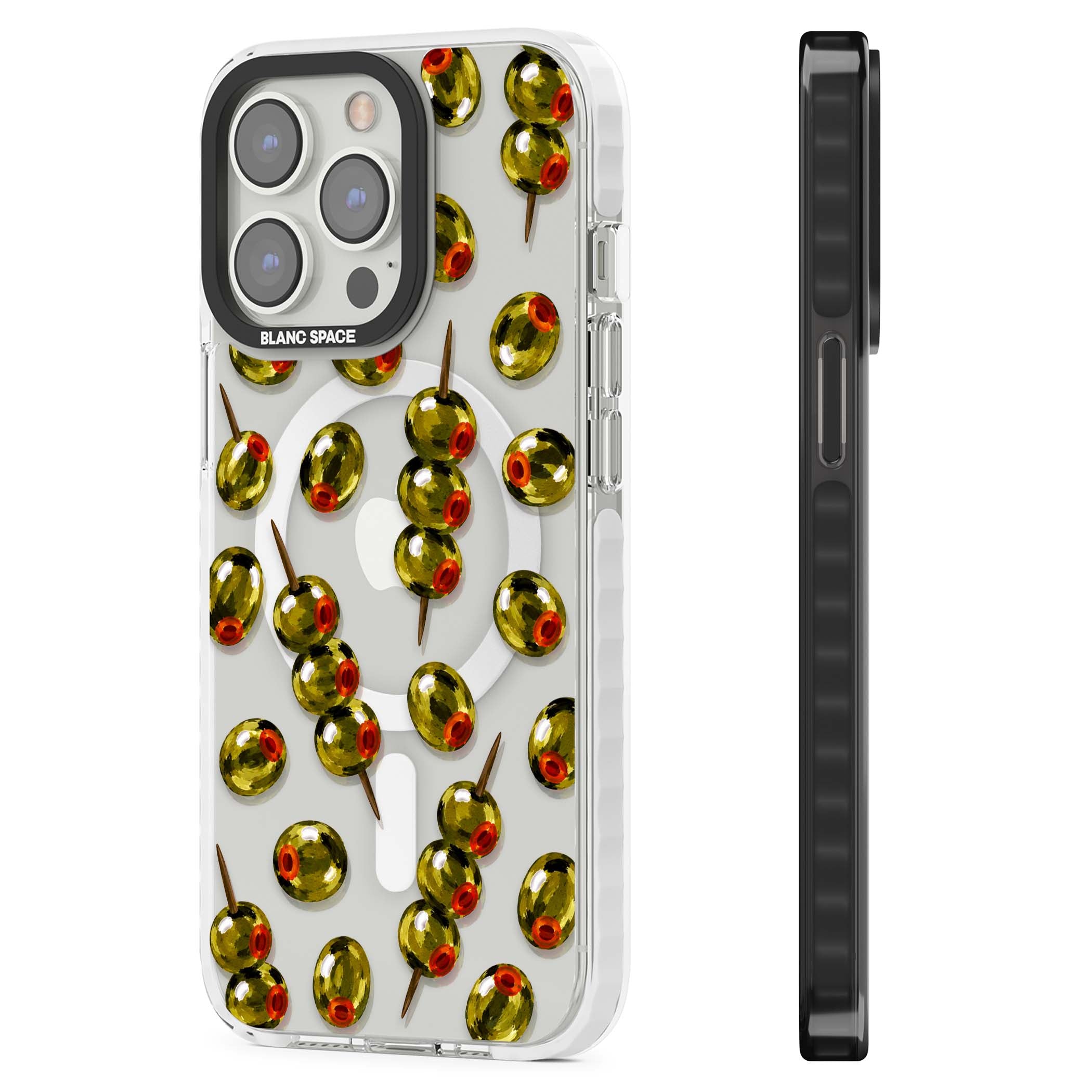Painted Olives cocktail iPhone case featuring green olives, pimento centres and toothpick skewers on a clear background | Impact Magsafe case for iPhone 13 Pro, iPhone 14 Pro, iPhone 15 Pro