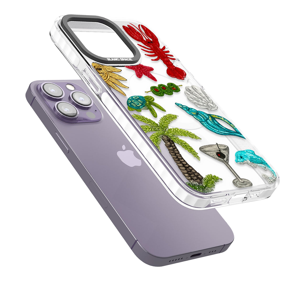 Painted Coastal Pattern iPhone 13 Pro / iPhone 13 Pro Max / iPhone 14 Pro / iPhone 14 Pro Max / iPhone 15 Pro / iPhone 15 Pro Max Impact Pro Clear Phone Case angled