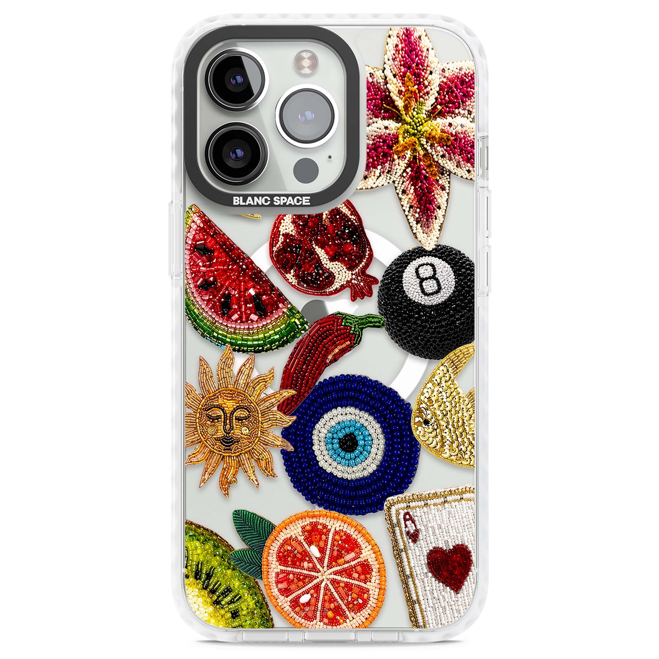 Beaded Charms embroidery iPhone case featuring beaded evil eye, fruit patches and a golden sun motif | Impact Magsafe case for iPhone 13 Pro, iPhone 14 Pro, iPhone 15 Pro