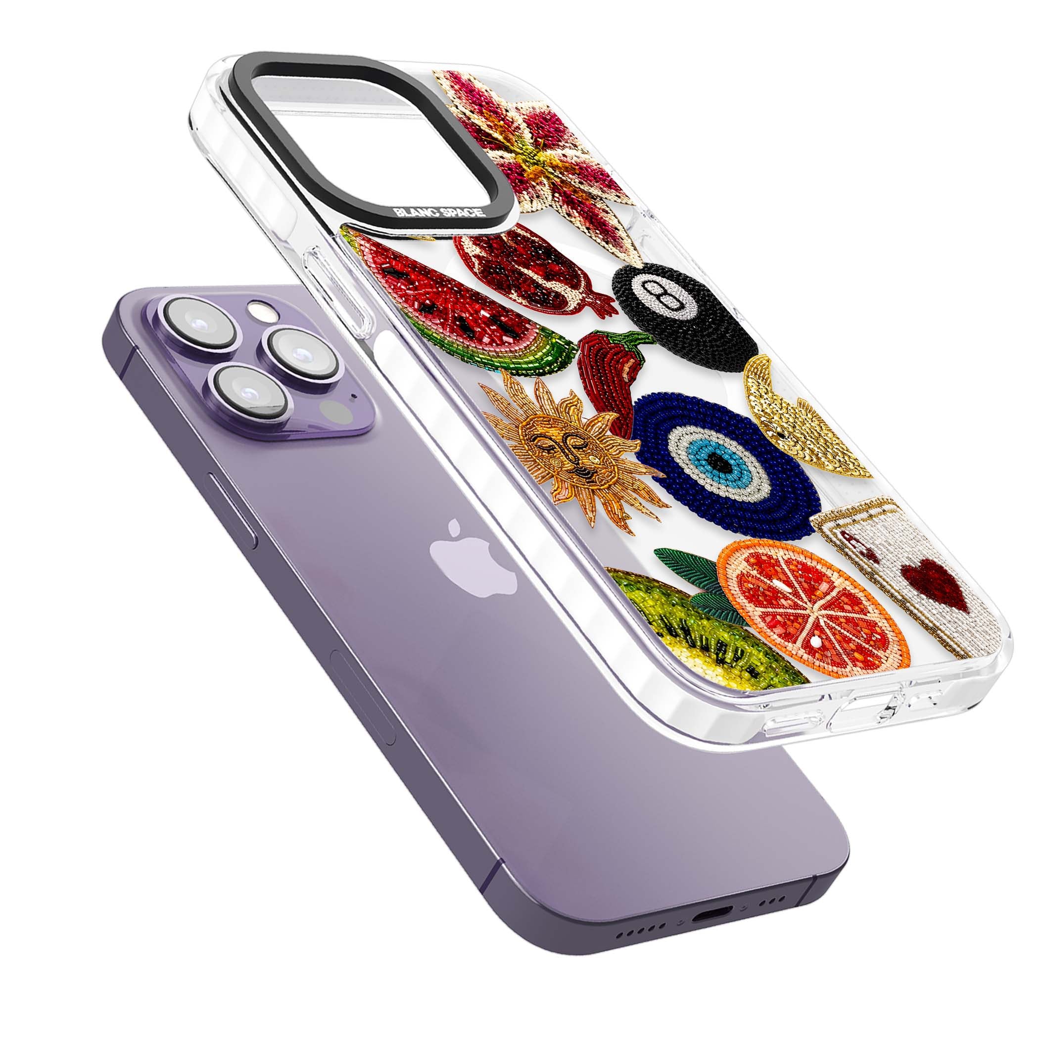 Beaded Charms embroidery iPhone case featuring beaded evil eye, fruit patches and a golden sun motif | Impact Magsafe case for iPhone 13 Pro, iPhone 14 Pro, iPhone 15 Pro