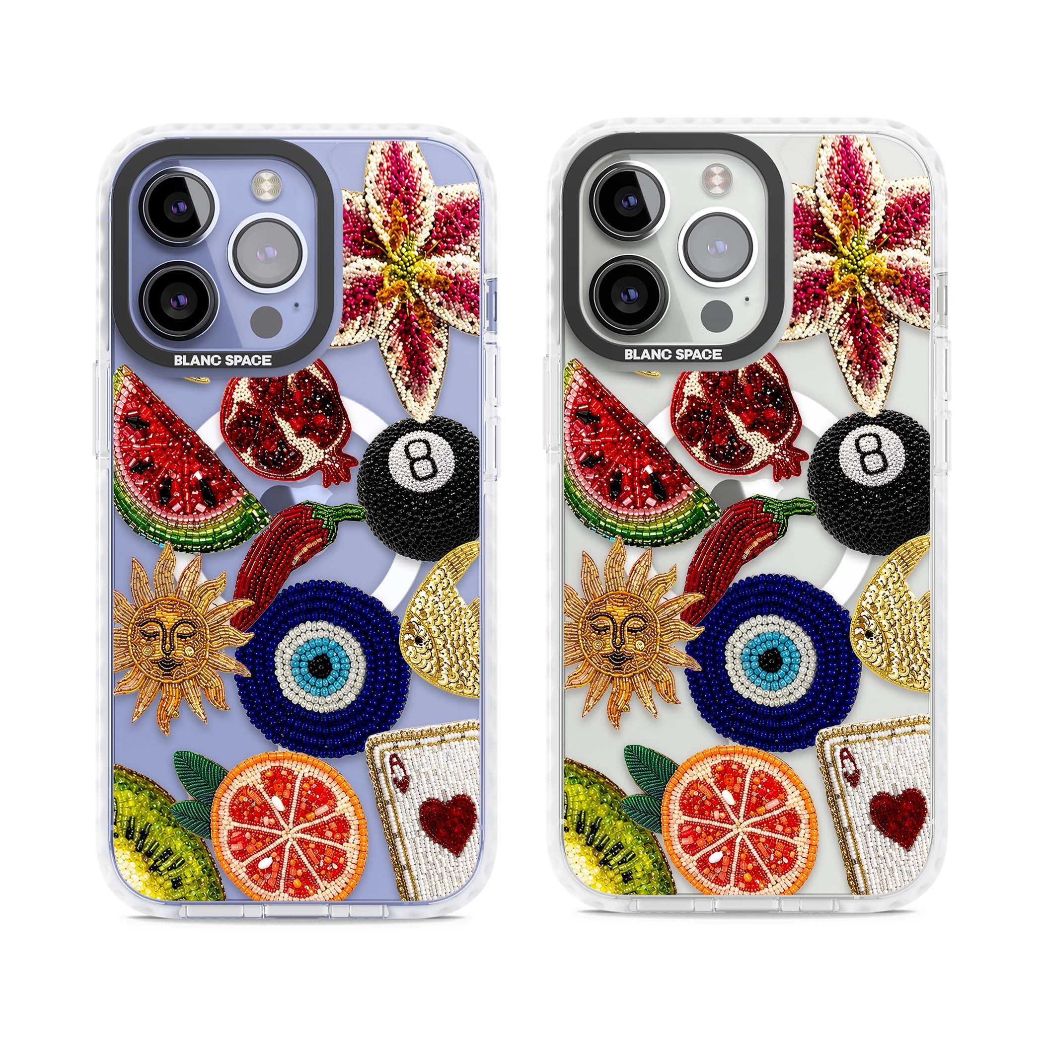 Beaded Charms embroidery iPhone case featuring beaded evil eye, fruit patches and a golden sun motif | Impact Magsafe case for iPhone 13 Pro, iPhone 14 Pro, iPhone 15 Pro