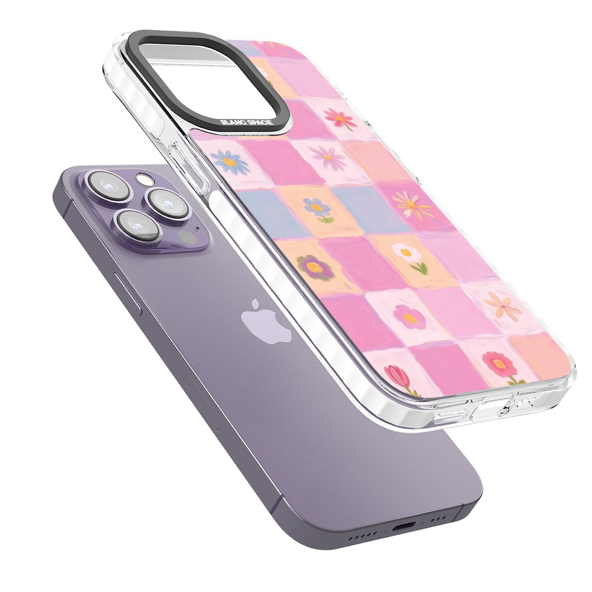 Pastel Flower Patchwork iPhone 13 Pro / iPhone 13 Pro Max / iPhone 14 Pro / iPhone 14 Pro Max / iPhone 15 Pro / iPhone 15 Pro Max Impact Pro Clear Phone Case angled