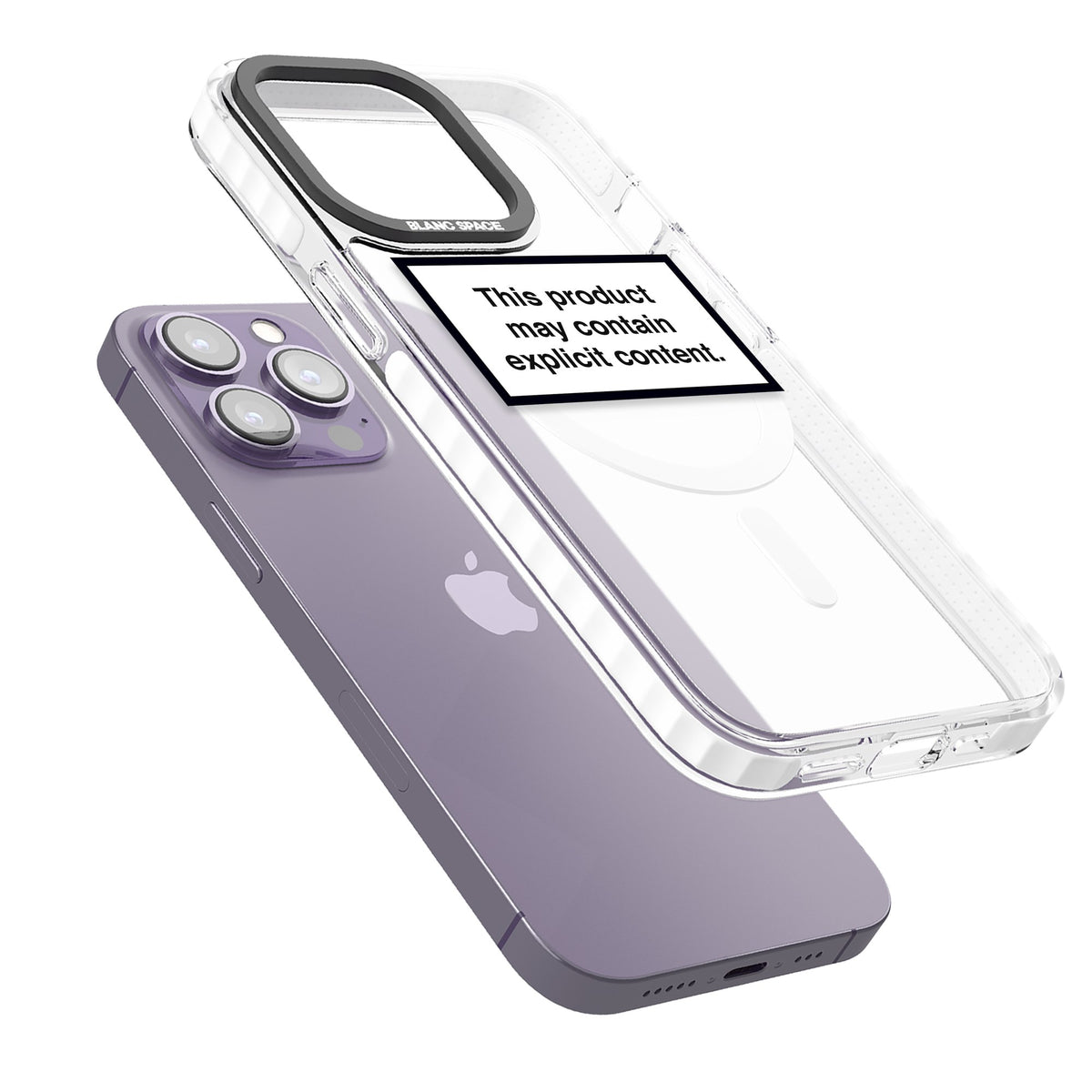 Contains Explicit Content iPhone 13 Pro / iPhone 13 Pro Max / iPhone 14 Pro / iPhone 14 Pro Max / iPhone 15 Pro / iPhone 15 Pro Max Impact Pro Clear Phone Case angled