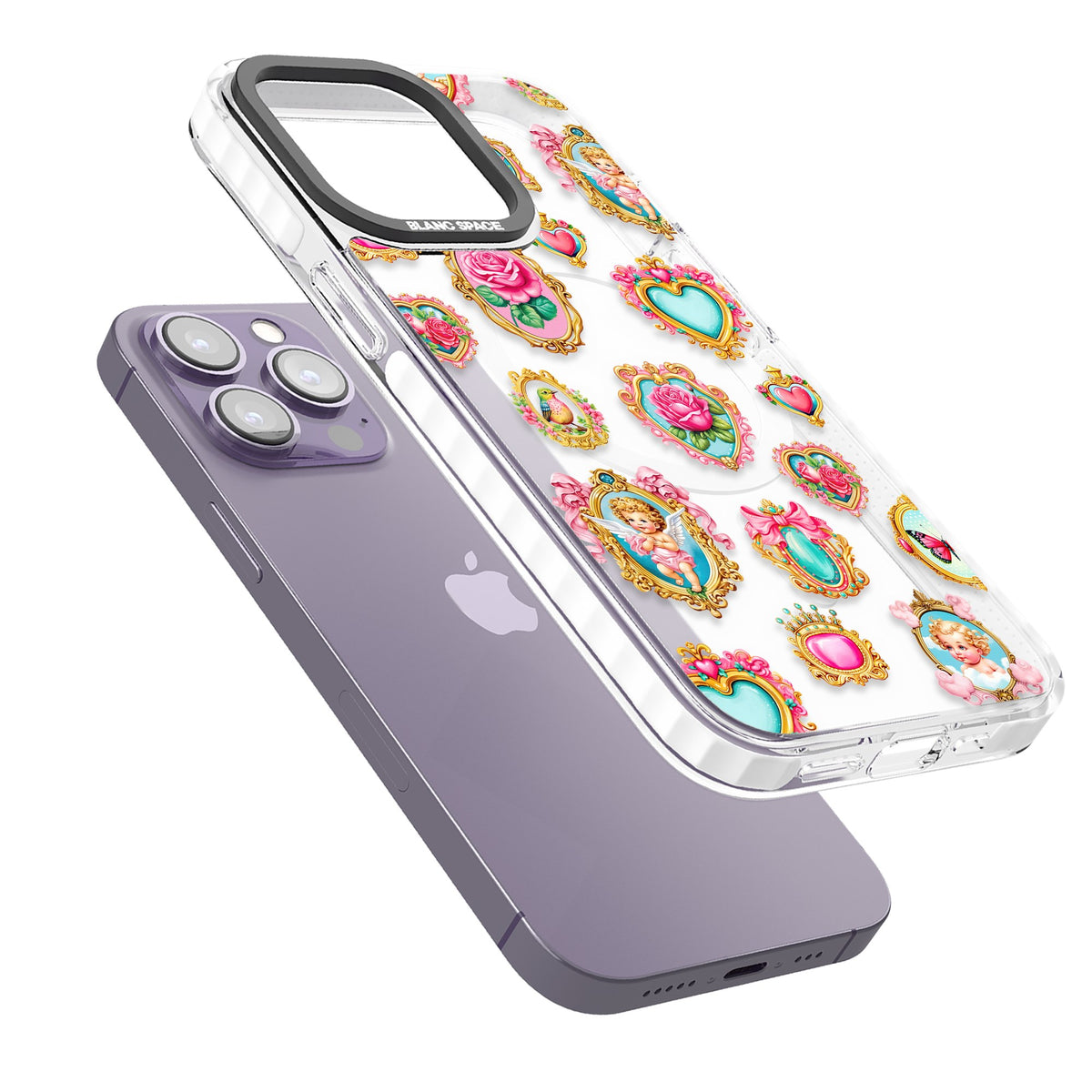 Angelcore Hearts Frames iPhone 13 Pro / iPhone 13 Pro Max / iPhone 14 Pro / iPhone 14 Pro Max / iPhone 15 Pro / iPhone 15 Pro Max Impact Pro Clear Phone Case angled