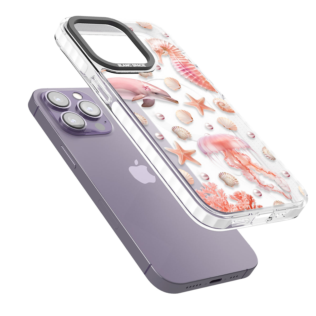 Pink Sealife iPhone 13 Pro / iPhone 13 Pro Max / iPhone 14 Pro / iPhone 14 Pro Max / iPhone 15 Pro / iPhone 15 Pro Max Impact Pro Clear Phone Case angled