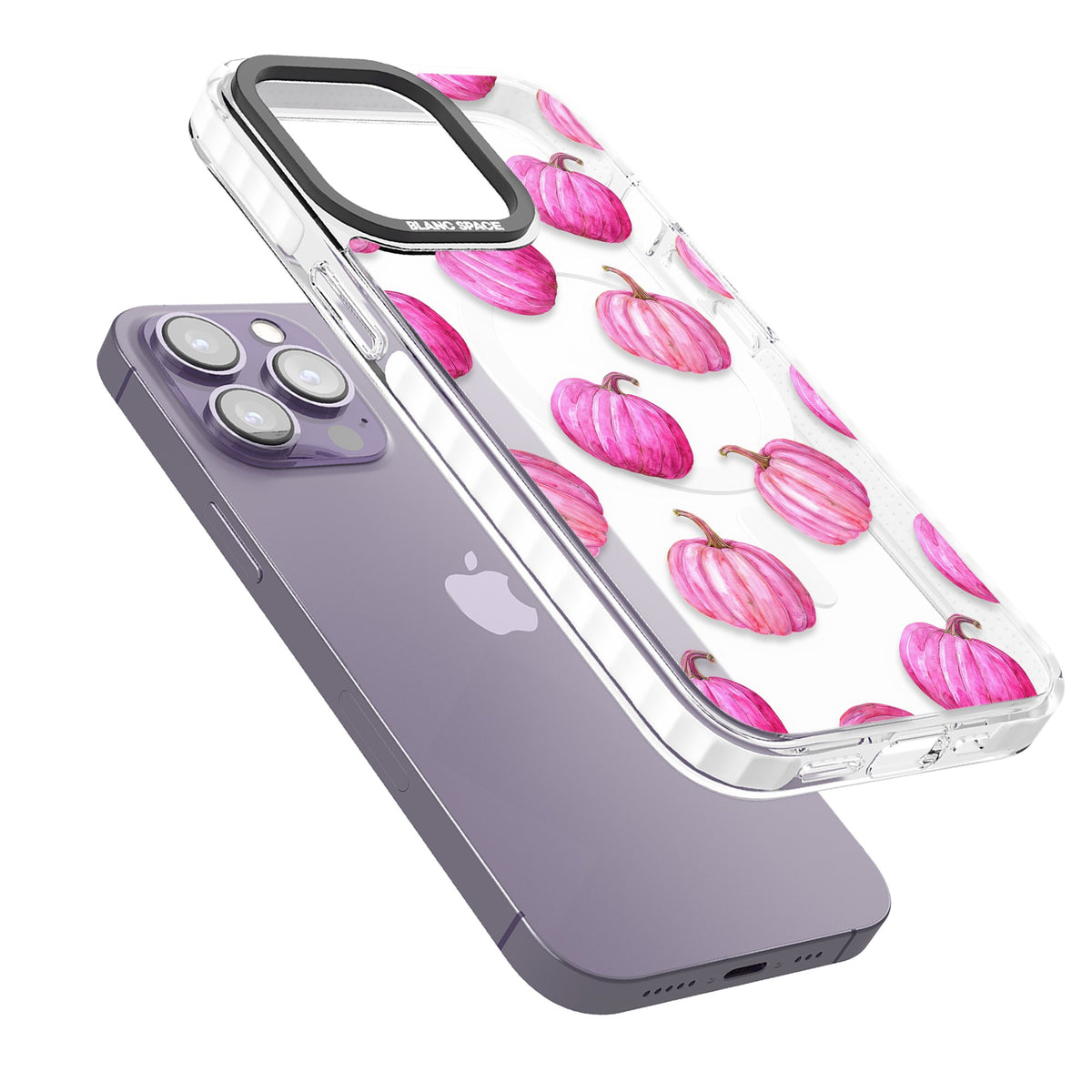 Pink Pumpkins iPhone 13 Pro / iPhone 13 Pro Max / iPhone 14 Pro / iPhone 14 Pro Max / iPhone 15 Pro / iPhone 15 Pro Max Impact Pro Clear Phone Case angled