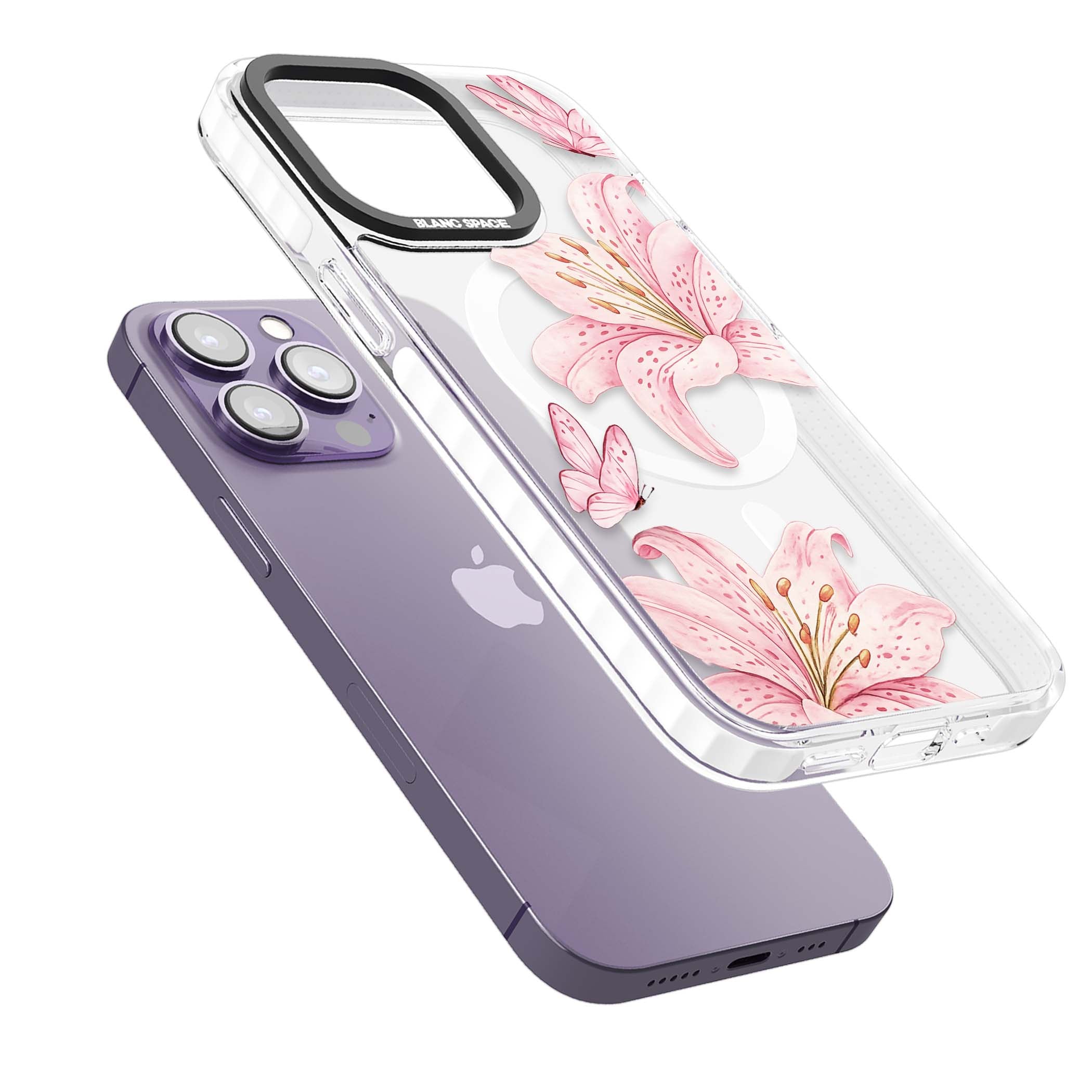 Lily Whisper floral iPhone case featuring pink watercolour lilies and delicate butterflies on a clear background | Impact Magsafe case for iPhone 13 Pro, iPhone 14 Pro, iPhone 15 Pro