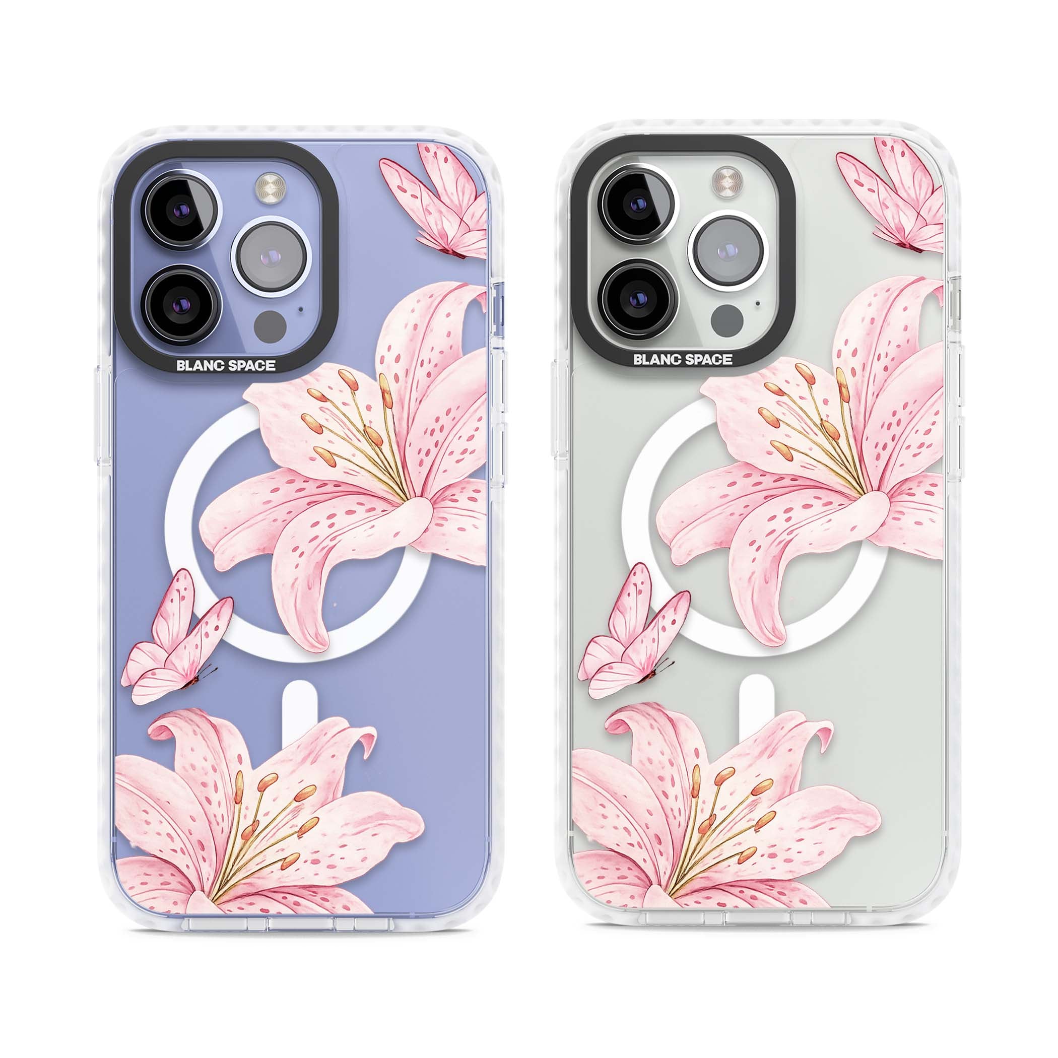 Lily Whisper floral iPhone case featuring pink watercolour lilies and delicate butterflies on a clear background | Impact Magsafe case for iPhone 13 Pro, iPhone 14 Pro, iPhone 15 Pro