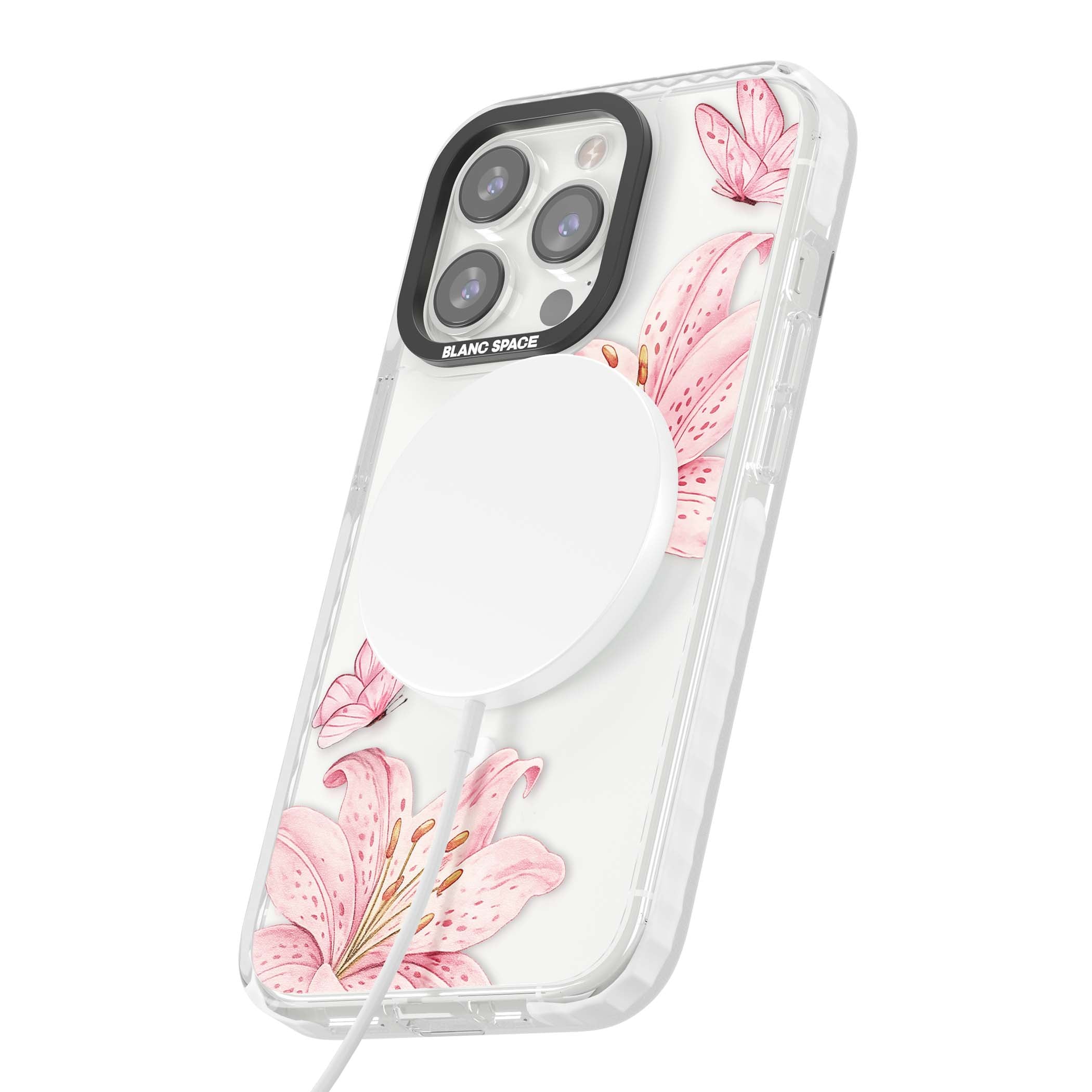 Lily Whisper floral iPhone case featuring pink watercolour lilies and delicate butterflies on a clear background | Impact Magsafe case for iPhone 13 Pro, iPhone 14 Pro, iPhone 15 Pro