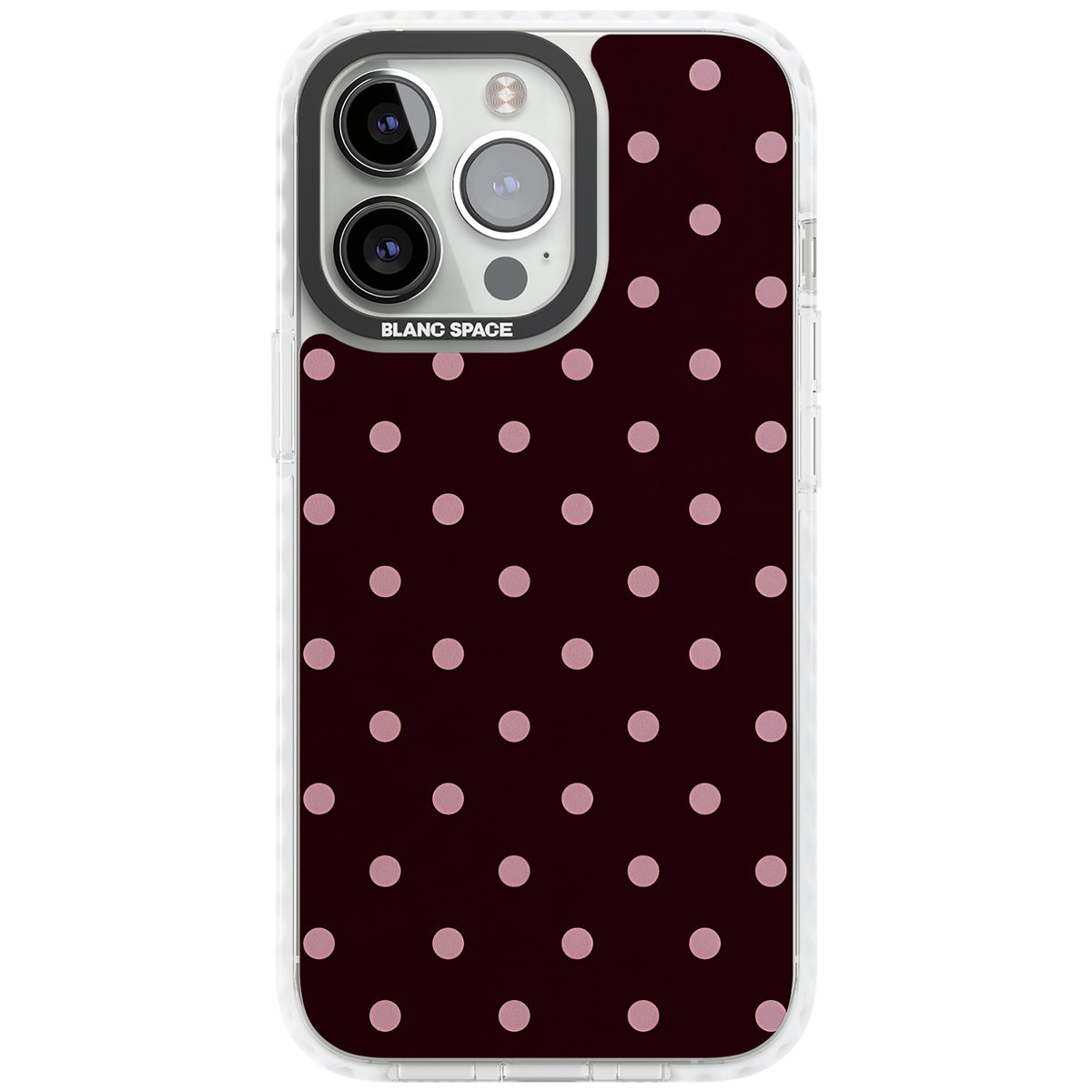 Merlot Dots polka dot iPhone case featuring dusty pink spots on a deep burgundy background in a retro grid iPhone 12 Pro Max / iPhone 13 Pro / iPhone 13 Pro Max / iPhone 14 Pro / iPhone 14 Pro Max / iPhone 15 Pro / iPhone 15 Pro Max Impact Pro Clear Phone Case front