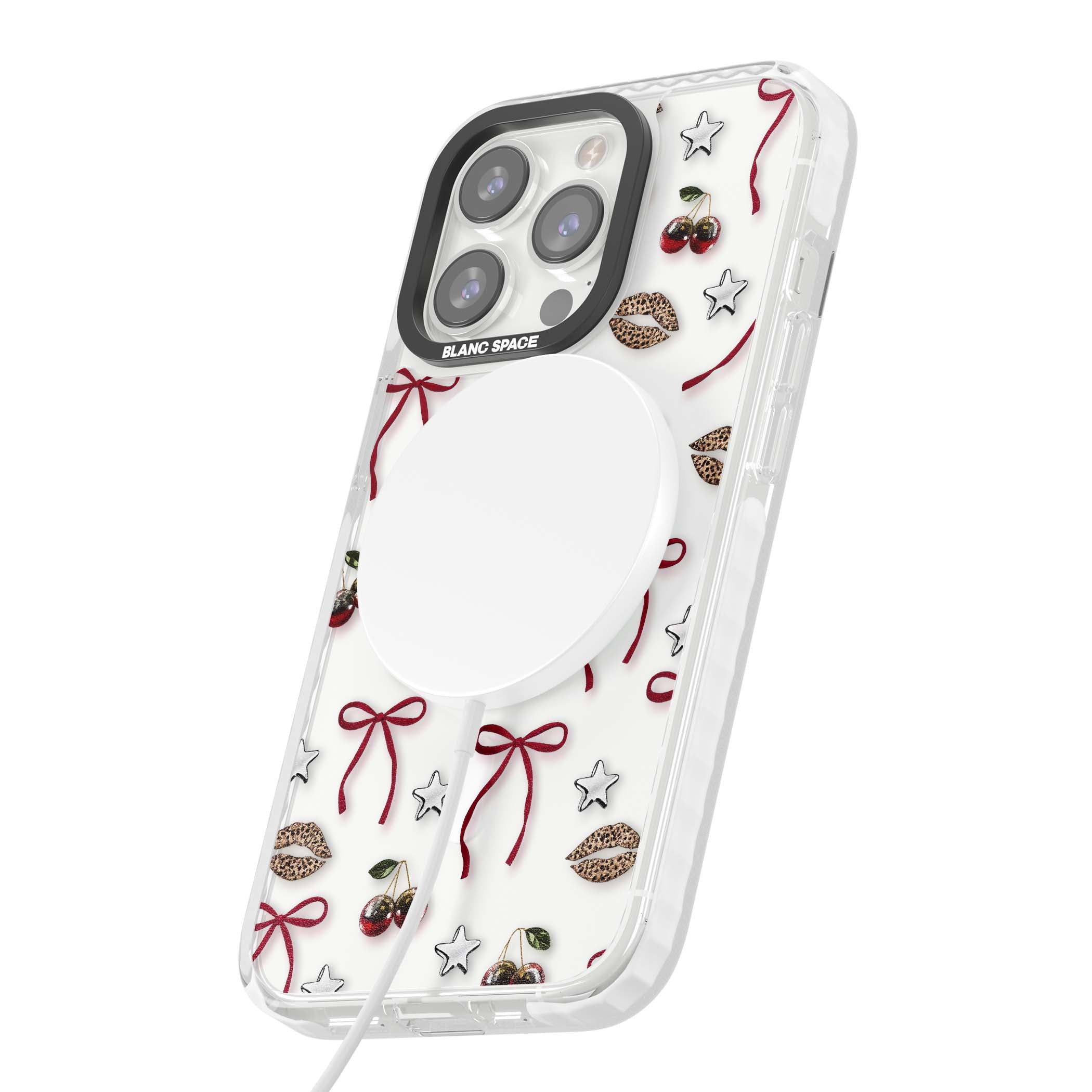 Starlet coquette iPhone case featuring red ribbon bows, disco cherries and leopard-print lips | Impact Magsafe case for iPhone 13 Pro, iPhone 14 Pro, iPhone 15 Pro