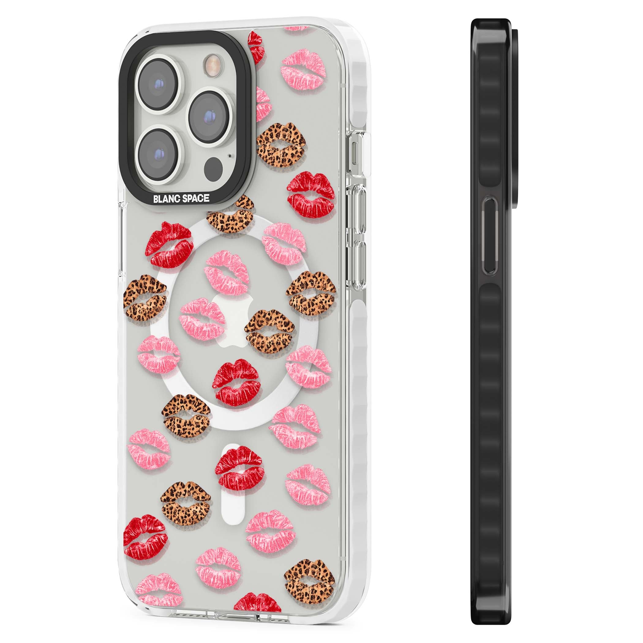 Wild Kisses coquette iPhone case featuring red, pink and leopard print lipstick kiss marks on a clear background | Impact Magsafe case for iPhone 13 Pro, iPhone 14 Pro, iPhone 15 Pro