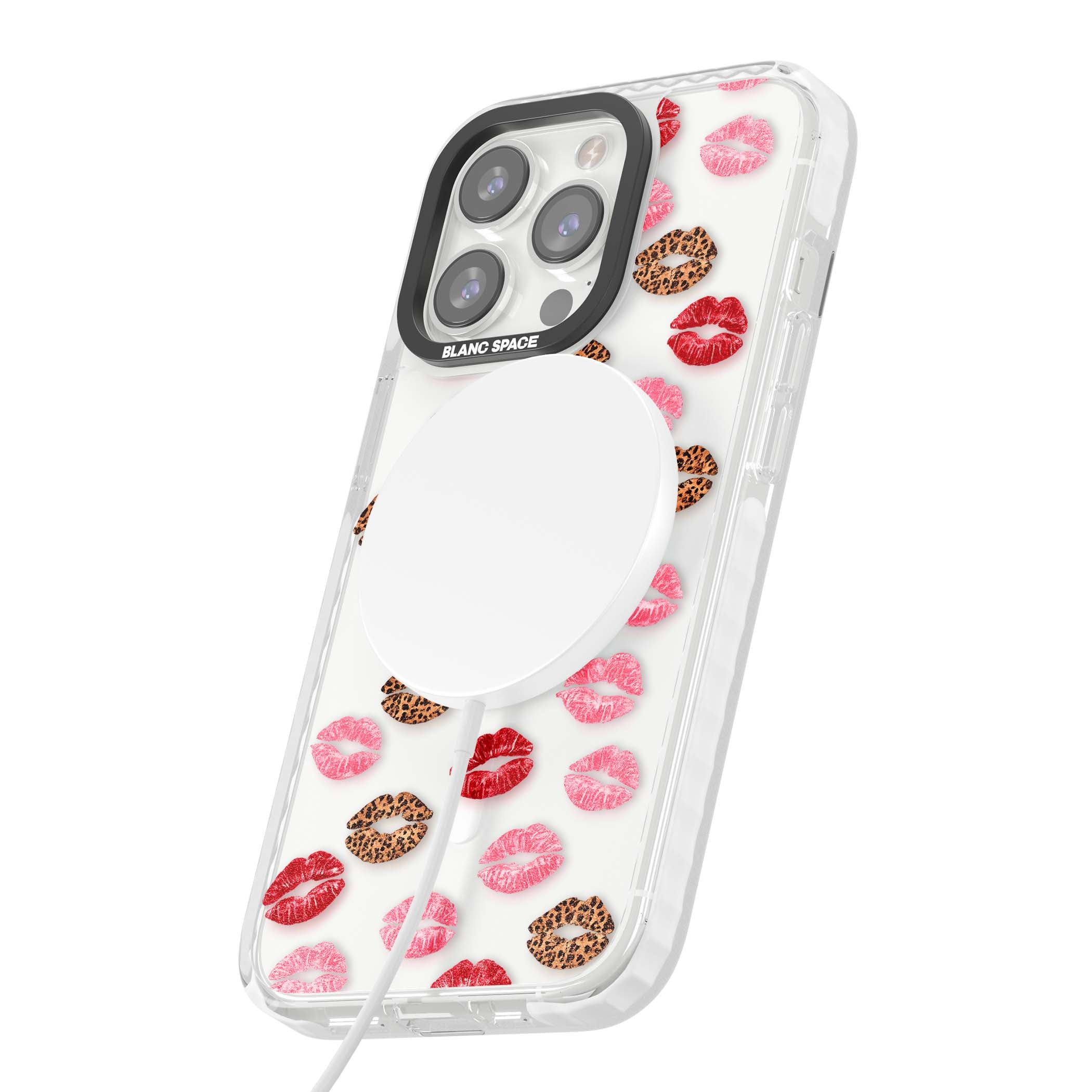 Wild Kisses coquette iPhone case featuring red, pink and leopard print lipstick kiss marks on a clear background | Impact Magsafe case for iPhone 13 Pro, iPhone 14 Pro, iPhone 15 Pro