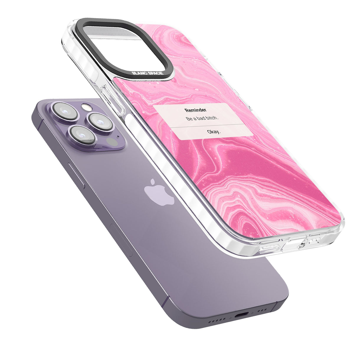 Bad Bitch Reminder iPhone 13 Pro / iPhone 13 Pro Max / iPhone 14 Pro / iPhone 14 Pro Max / iPhone 15 Pro / iPhone 15 Pro Max Impact Pro Clear Phone Case angled