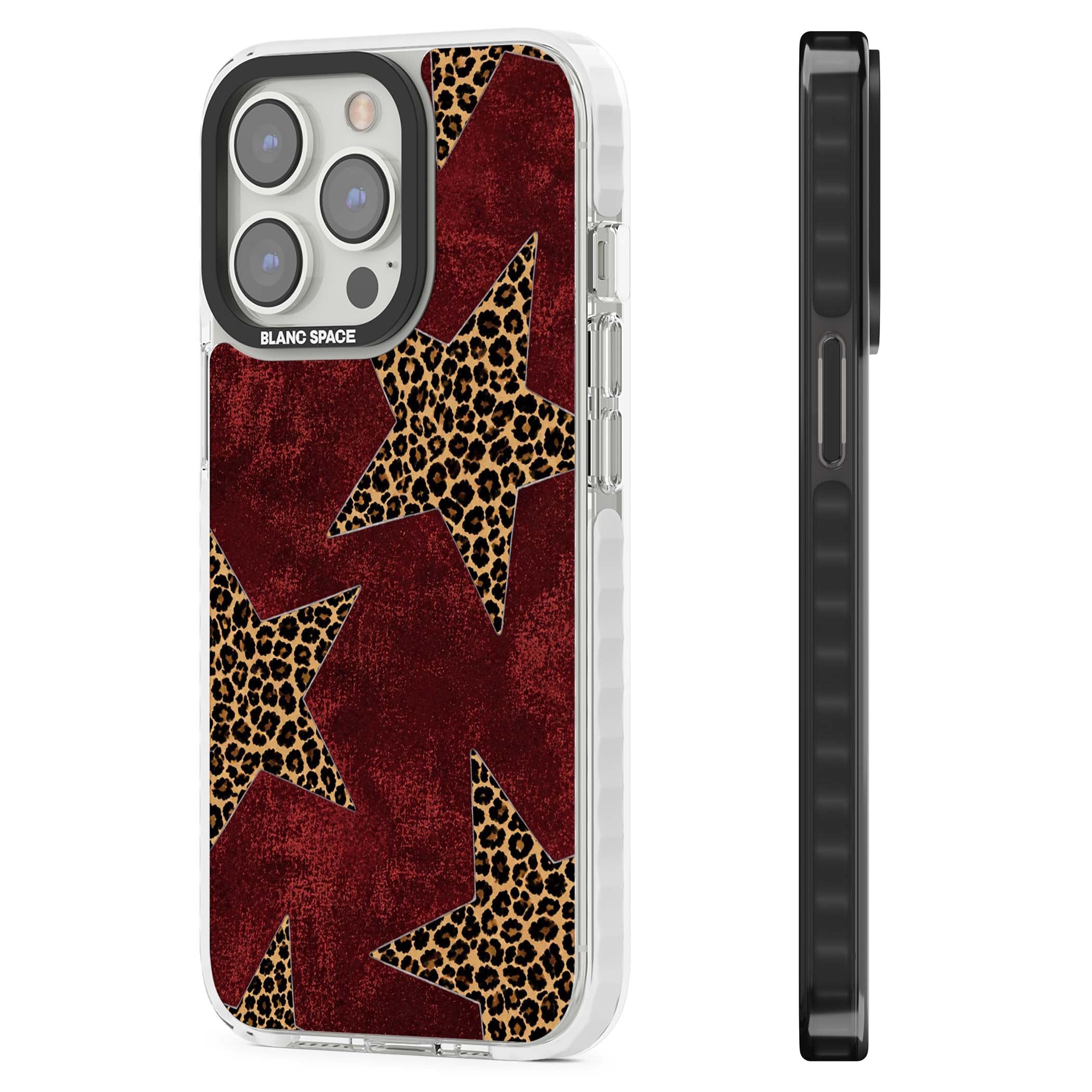 Showgirl leopard print iPhone case featuring cheetah print stars on distressed red grunge background | Impact Magsafe case for iPhone 13 Pro, iPhone 14 Pro, iPhone 15 Pro