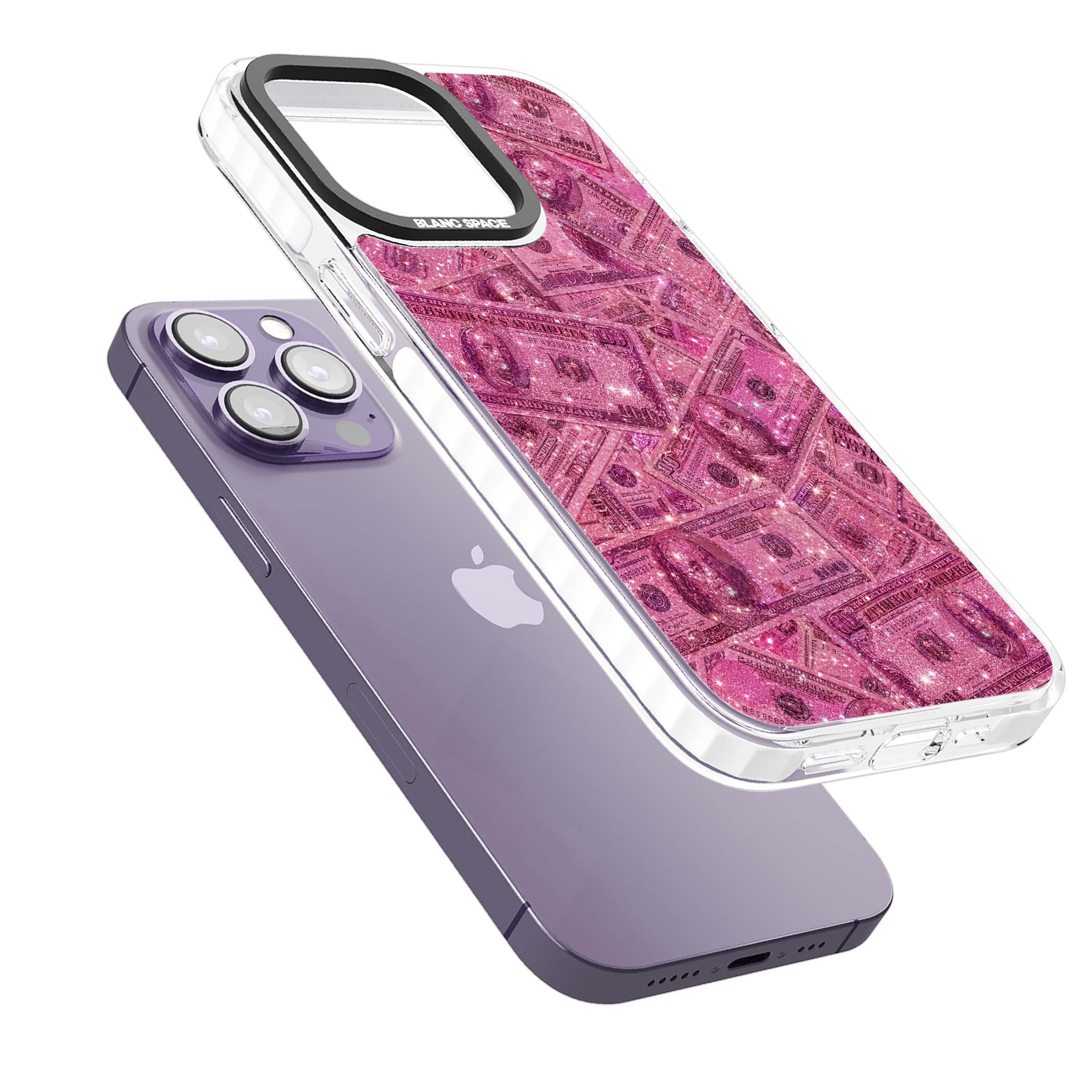 Glamorous baddie iPhone case featuring pink glitter hundred dollar bills and sparkling money wallpaper design | Impact Magsafe case for iPhone 13 Pro, iPhone 14 Pro, iPhone 15 Pro