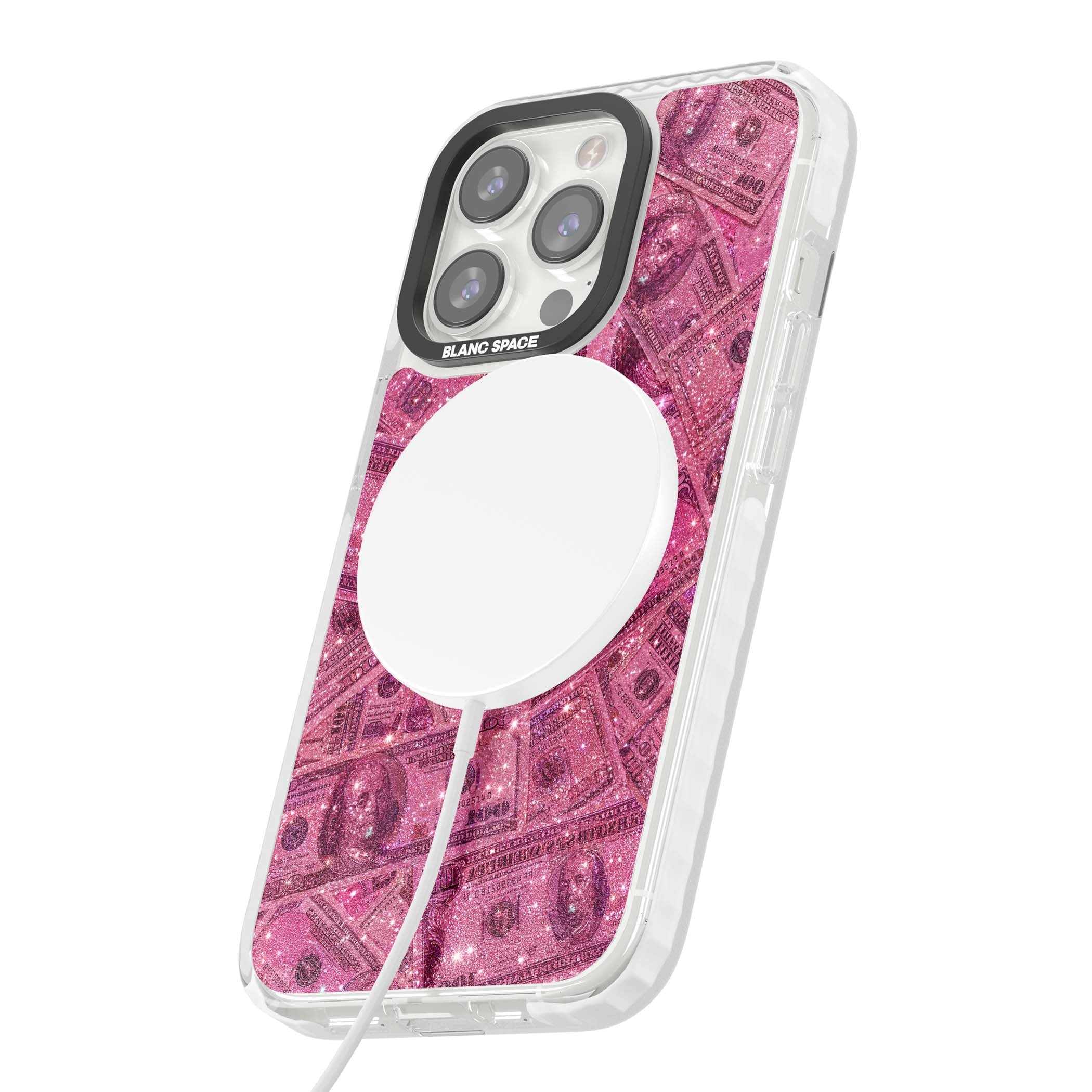 Glamorous baddie iPhone case featuring pink glitter hundred dollar bills and sparkling money wallpaper design | Impact Magsafe case for iPhone 13 Pro, iPhone 14 Pro, iPhone 15 Pro
