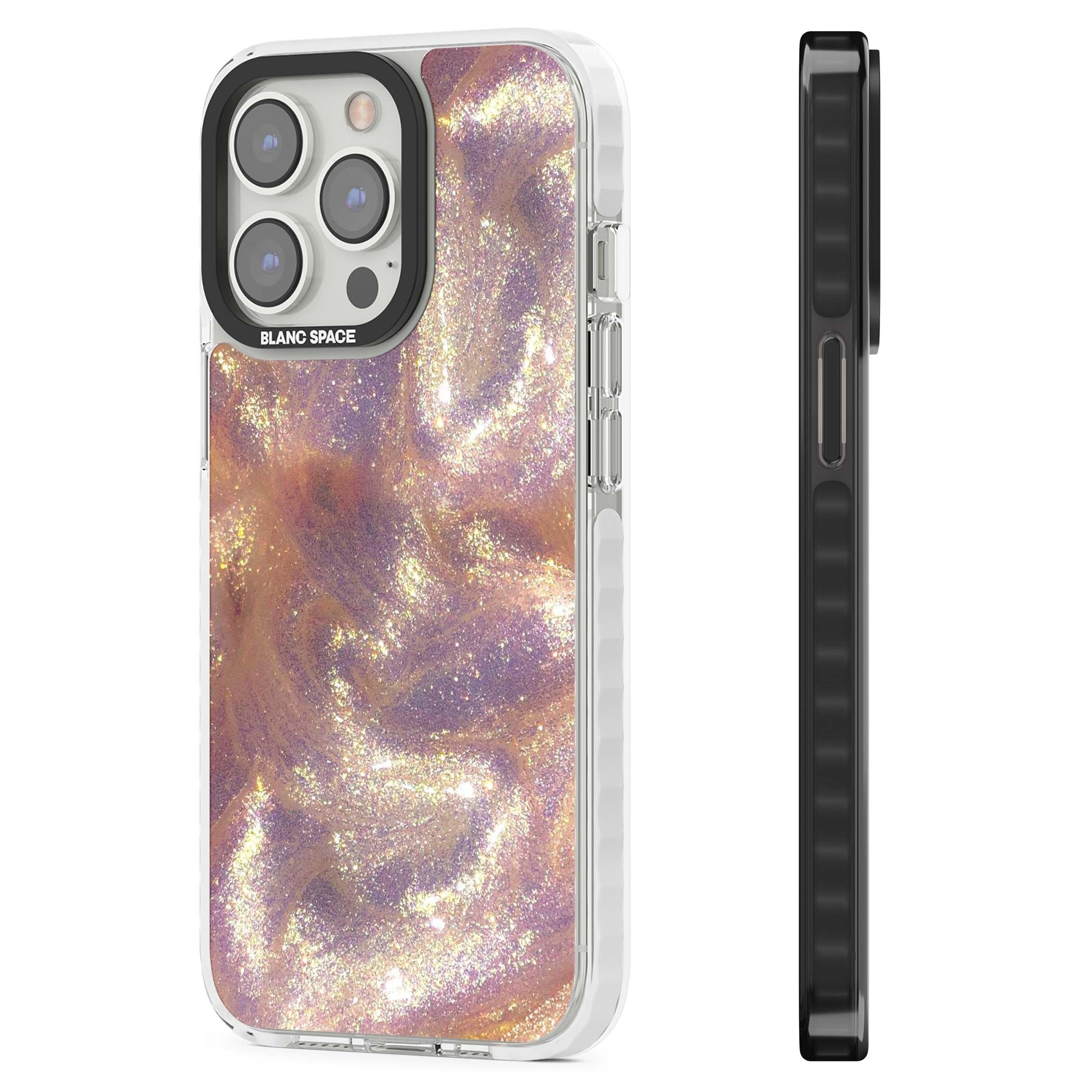 Shimmer marble iPhone case featuring rose gold glitter swirls, lilac shimmer and iridescent pearl finish | Impact Magsafe case for iPhone 13 Pro, iPhone 14 Pro, iPhone 15 Pro