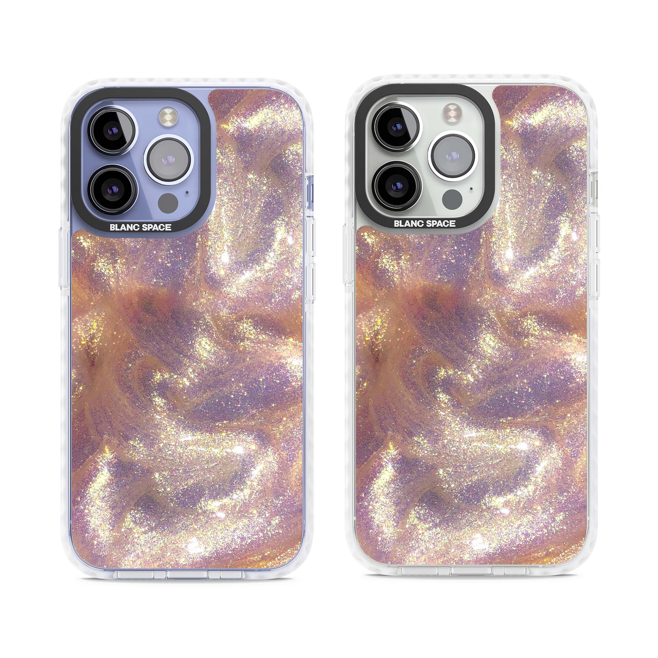 Shimmer marble iPhone case featuring rose gold glitter swirls, lilac shimmer and iridescent pearl finish | Impact Magsafe case for iPhone 13 Pro, iPhone 14 Pro, iPhone 15 Pro