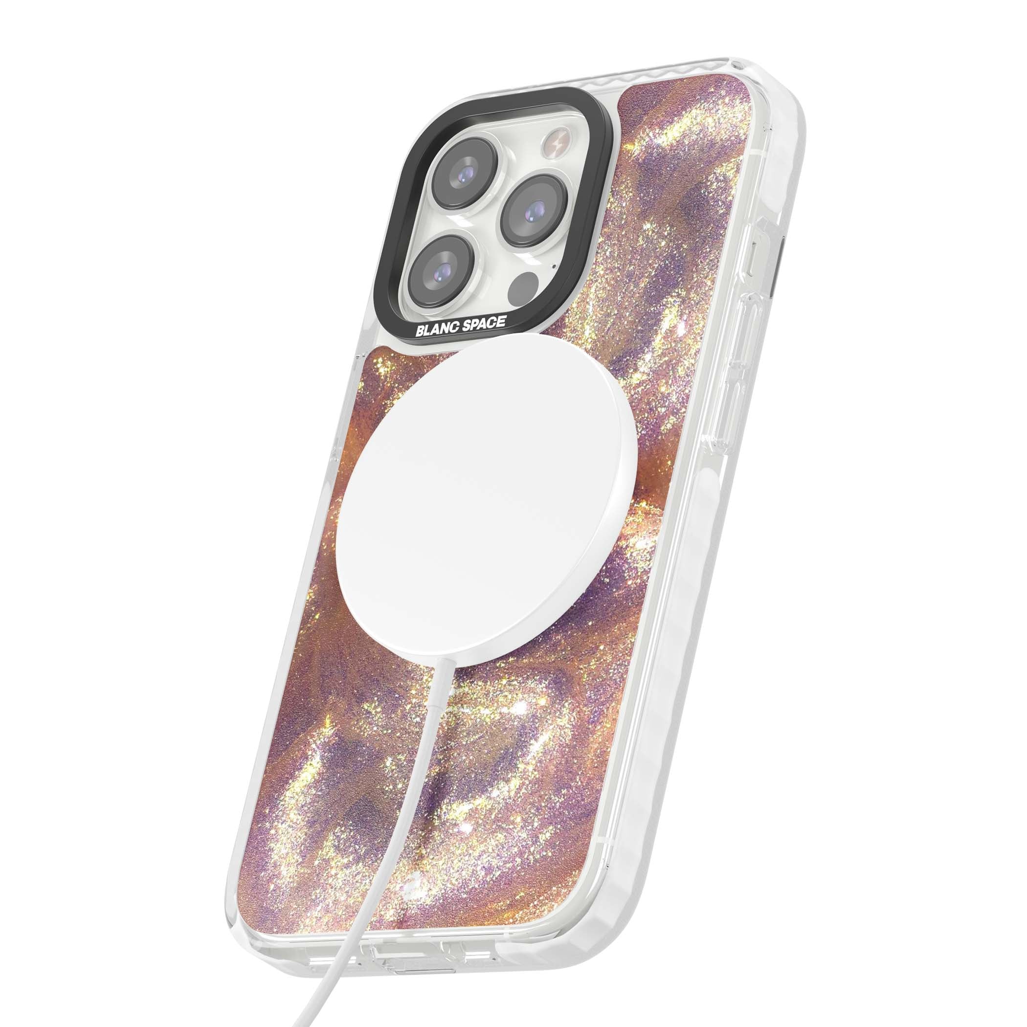 Shimmer marble iPhone case featuring rose gold glitter swirls, lilac shimmer and iridescent pearl finish | Impact Magsafe case for iPhone 13 Pro, iPhone 14 Pro, iPhone 15 Pro