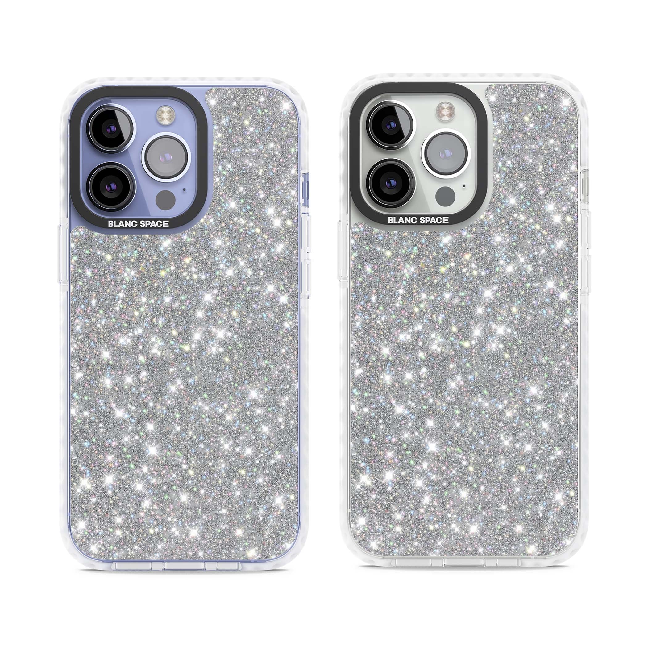 Diamond glam iPhone case featuring silver glitter sparkle and shimmering diamond dust effect | Impact Magsafe case for iPhone 13 Pro, iPhone 14 Pro, iPhone 15 Pro