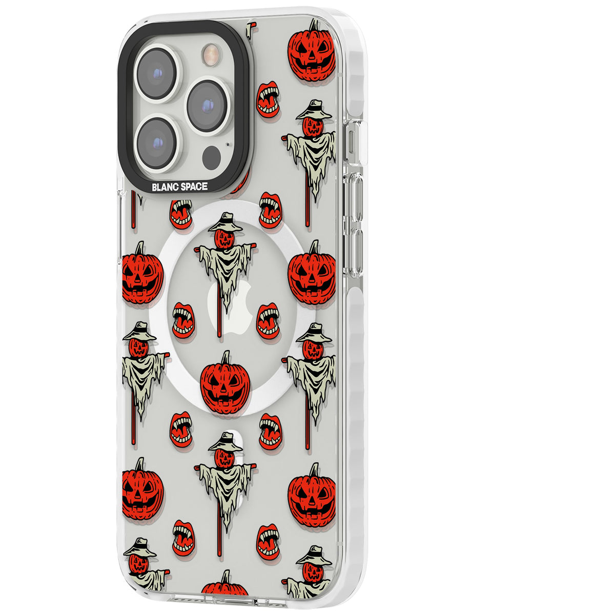 Retro Red Pumpkins & Scarecrows iPhone 13 Pro / iPhone 13 Pro Max / iPhone 14 Pro / iPhone 14 Pro Max / iPhone 15 Pro / iPhone 15 Pro Max Impact Pro Clear Phone Case side