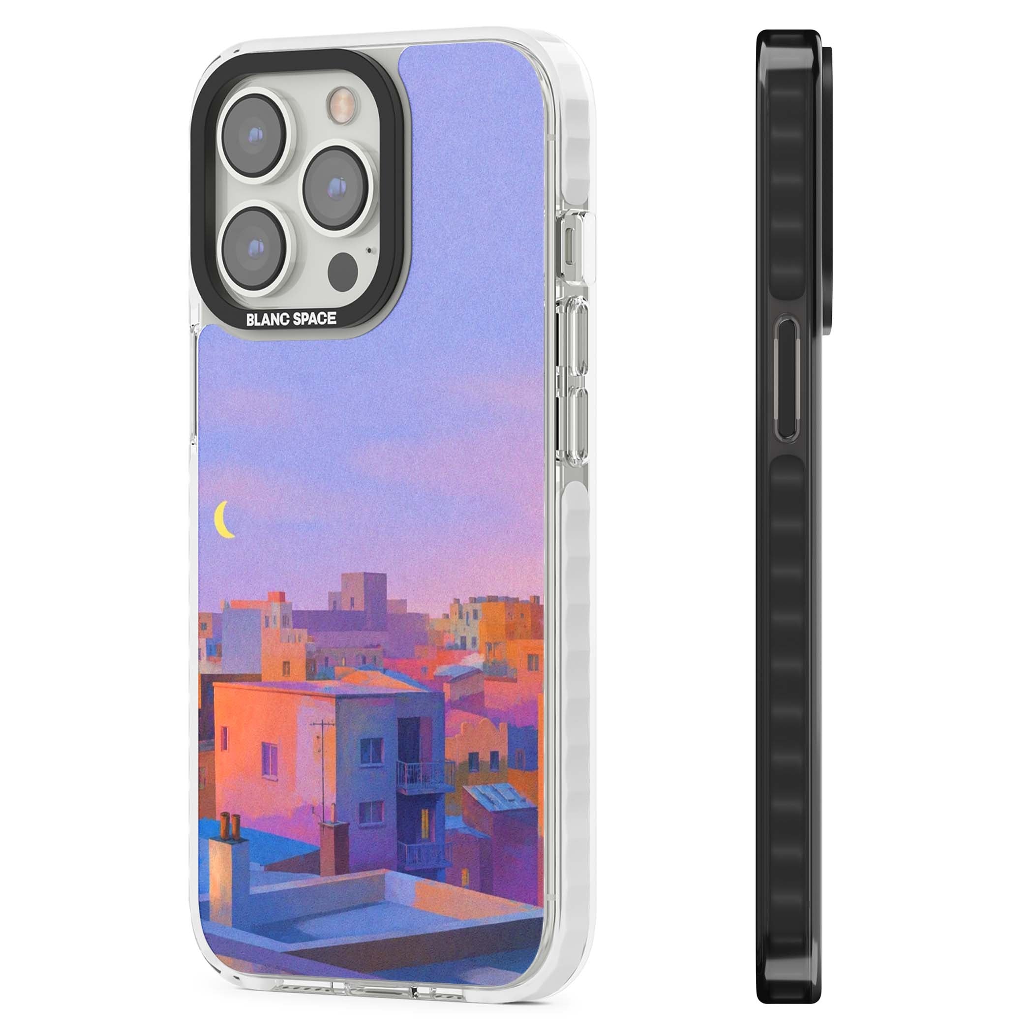 Twilight Rooftops vaporwave iPhone case featuring a pastel sunset cityscape, painted rooftops and a crescent moon. | Impact Magsafe case for iPhone 13 Pro, iPhone 14 Pro, iPhone 15 Pro