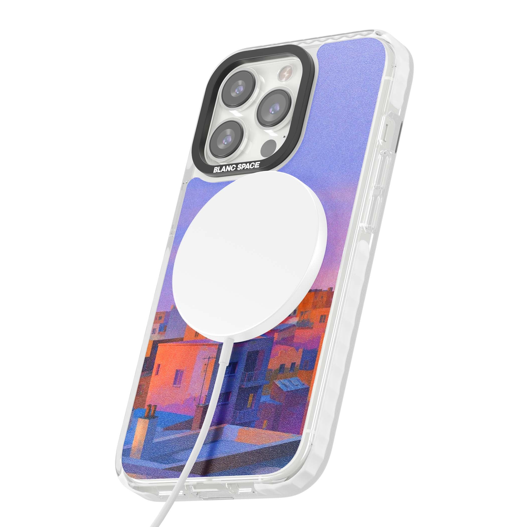 Twilight Rooftops vaporwave iPhone case featuring a pastel sunset cityscape, painted rooftops and a crescent moon. | Impact Magsafe case for iPhone 13 Pro, iPhone 14 Pro, iPhone 15 Pro