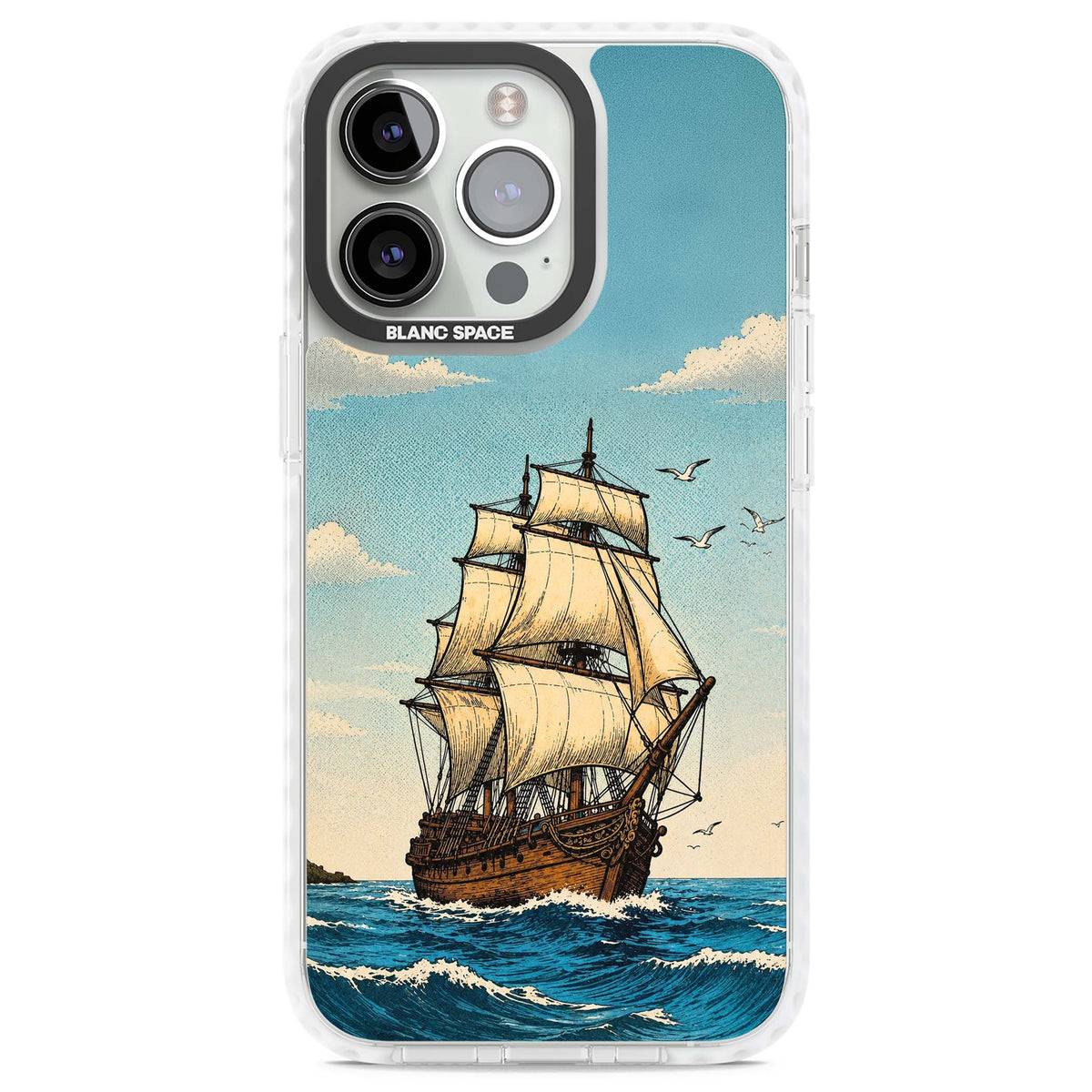 Ship at Sea nautical iPhone case featuring a vintage tall ship, ocean waves and seagulls | Impact Magsafe case for iPhone 13 Pro, iPhone 14 Pro, iPhone 15 Pro