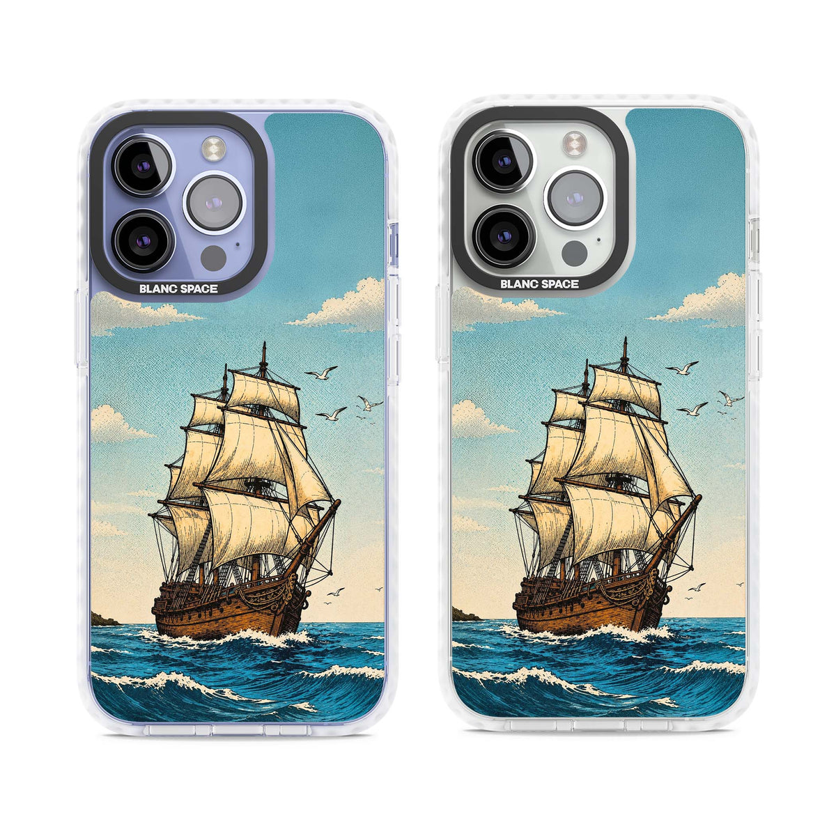 Ship at Sea nautical iPhone case featuring a vintage tall ship, ocean waves and seagulls | Impact Magsafe case for iPhone 13 Pro, iPhone 14 Pro, iPhone 15 Pro