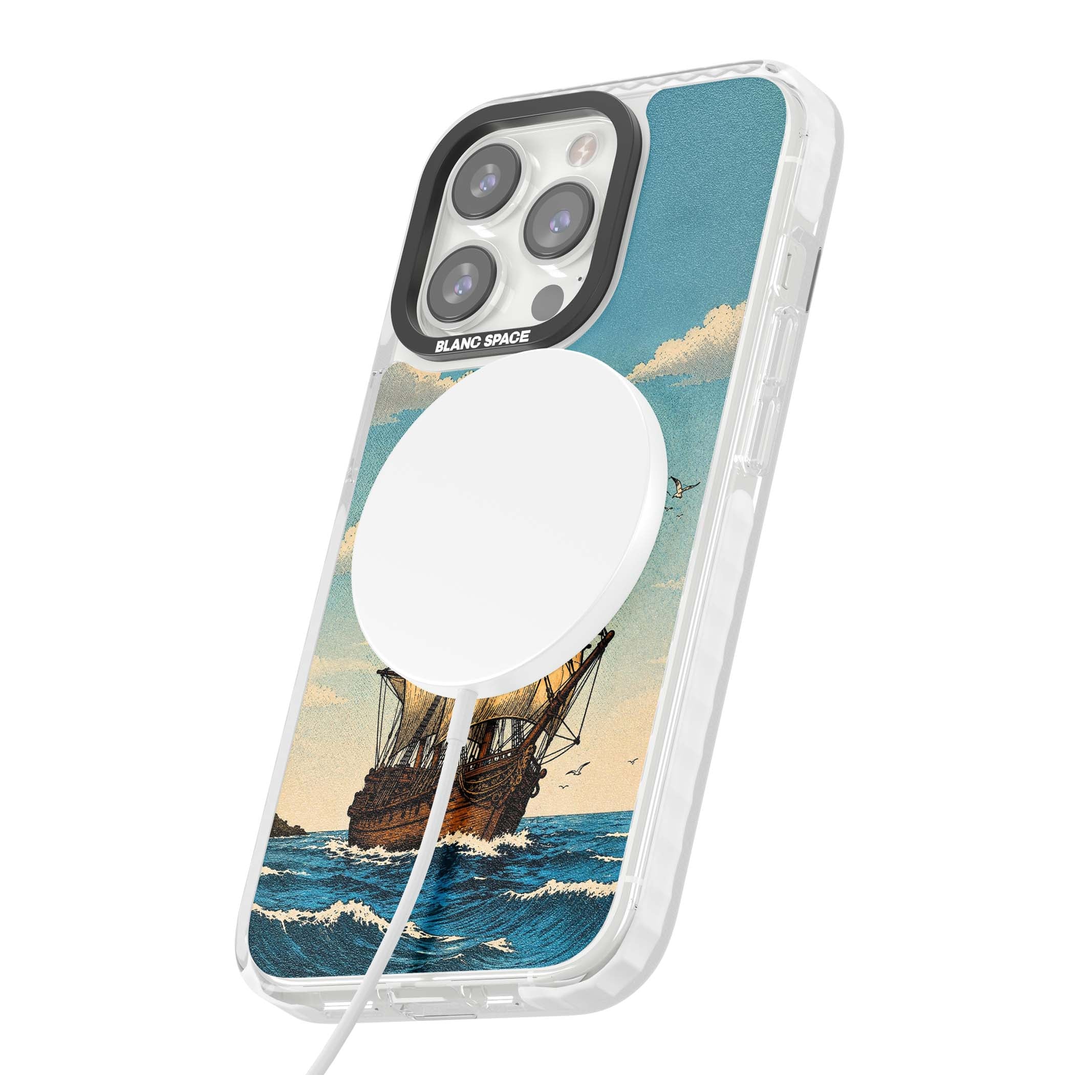 Ship at Sea nautical iPhone case featuring a vintage tall ship, ocean waves and seagulls | Impact Magsafe case for iPhone 13 Pro, iPhone 14 Pro, iPhone 15 Pro