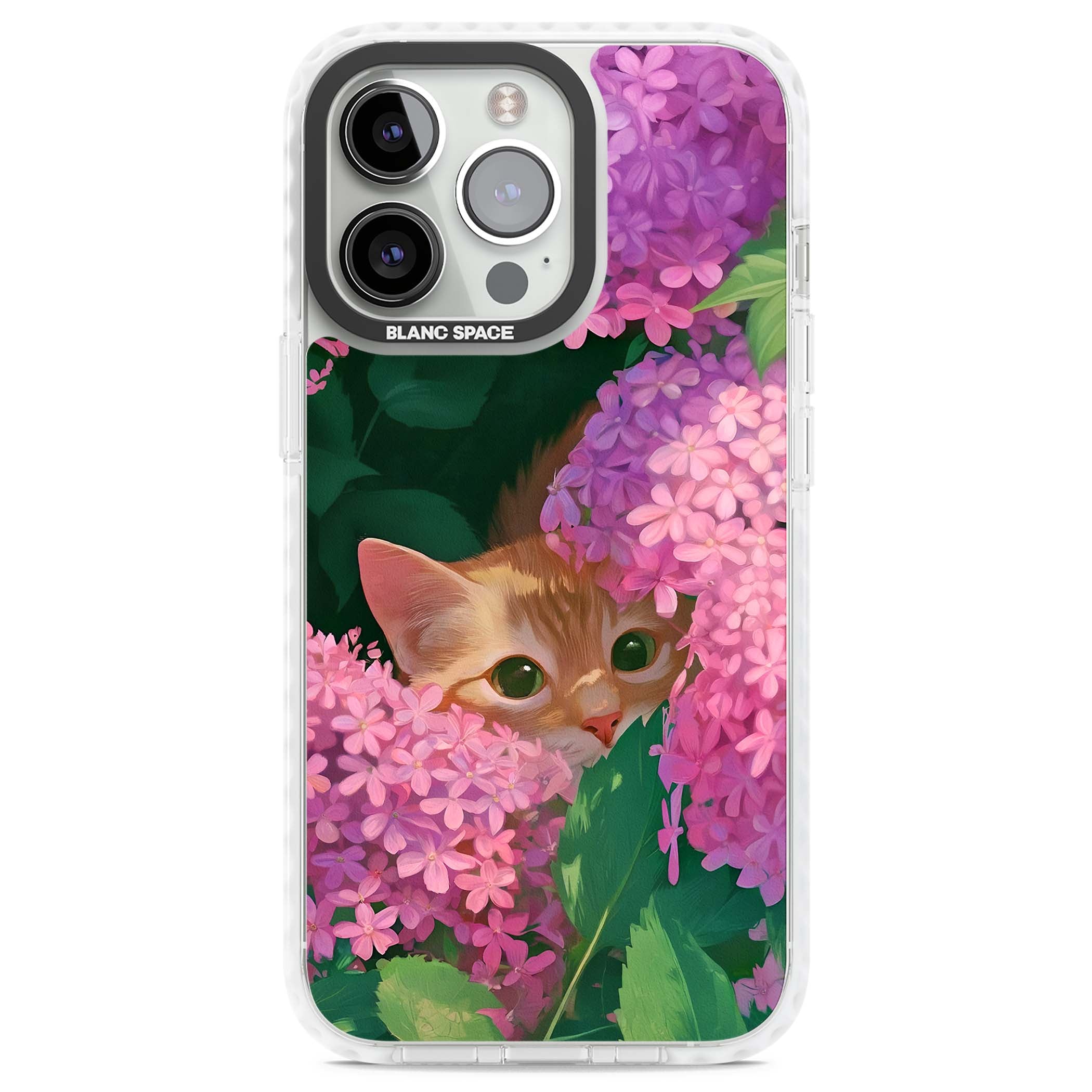 Cat In Pink Flowers cottagecore iPhone case featuring a ginger kitten peeking through lilac and pink hydrangea flo | Impact Magsafe case for iPhone 13 Pro, iPhone 14 Pro, iPhone 15 Pro