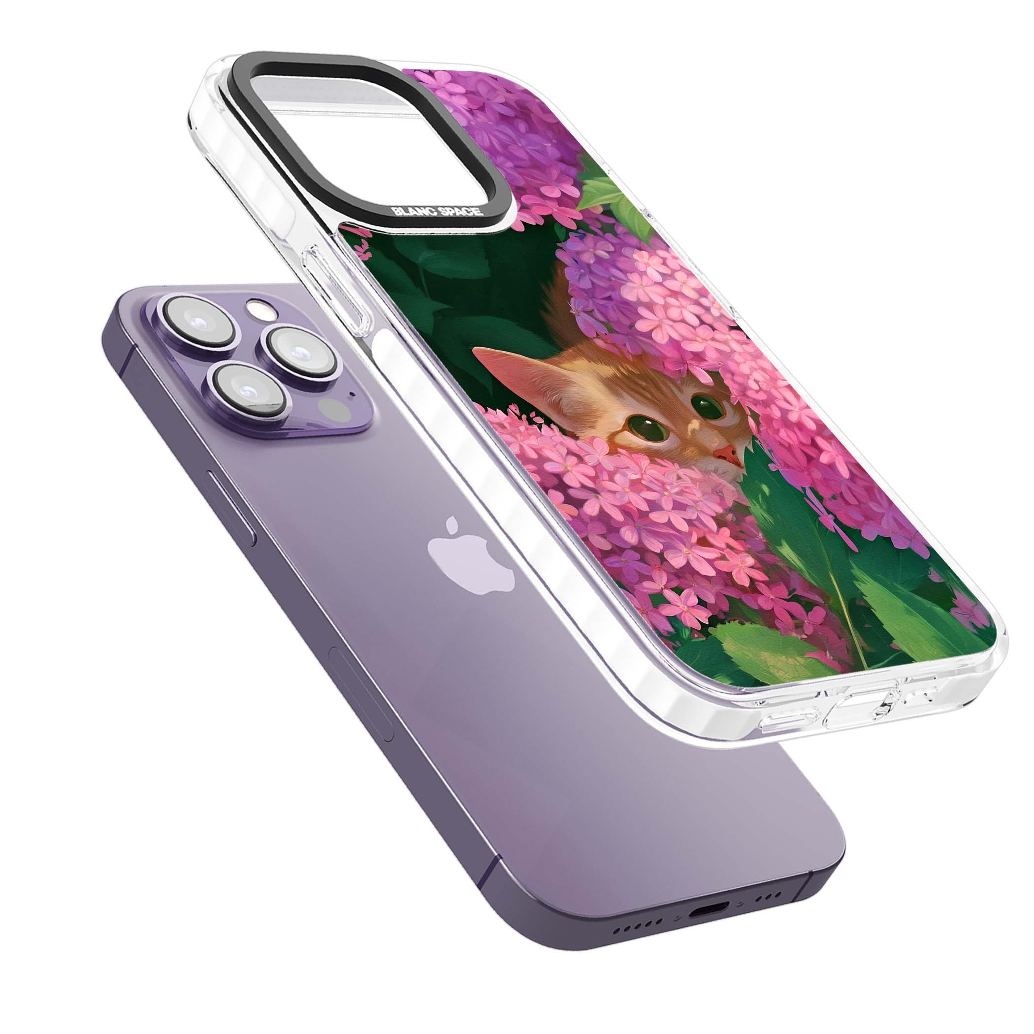 Cat In Pink Flowers cottagecore iPhone case featuring a ginger kitten peeking through lilac and pink hydrangea flo | Impact Magsafe case for iPhone 13 Pro, iPhone 14 Pro, iPhone 15 Pro