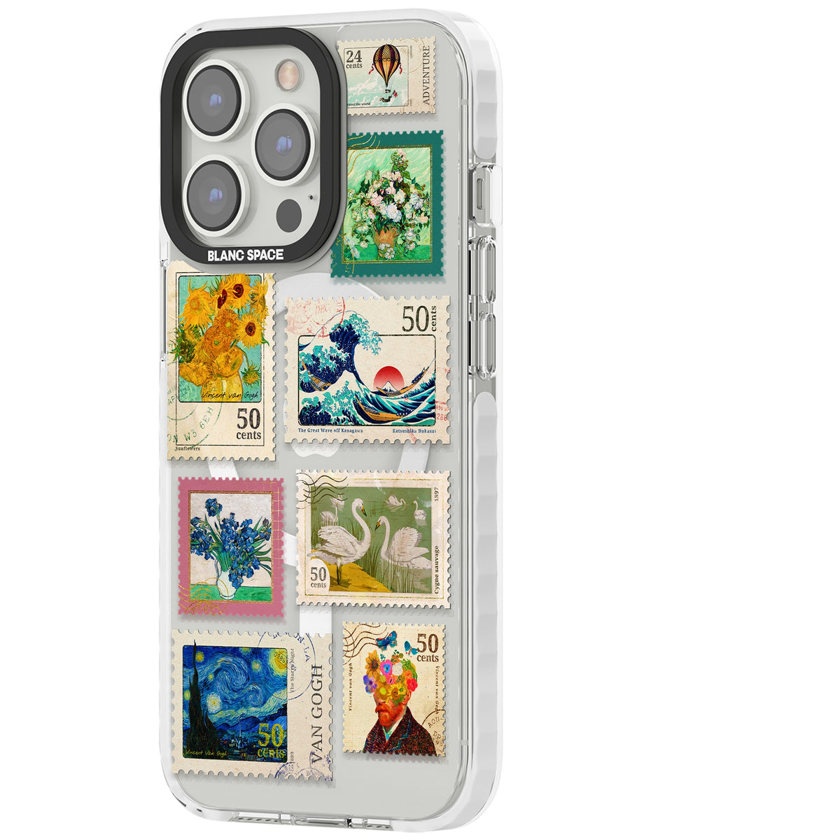 Vintage Art Stamps iPhone 13 Pro / iPhone 13 Pro Max / iPhone 14 Pro / iPhone 14 Pro Max / iPhone 15 Pro / iPhone 15 Pro Max Impact Pro Clear Phone Case side