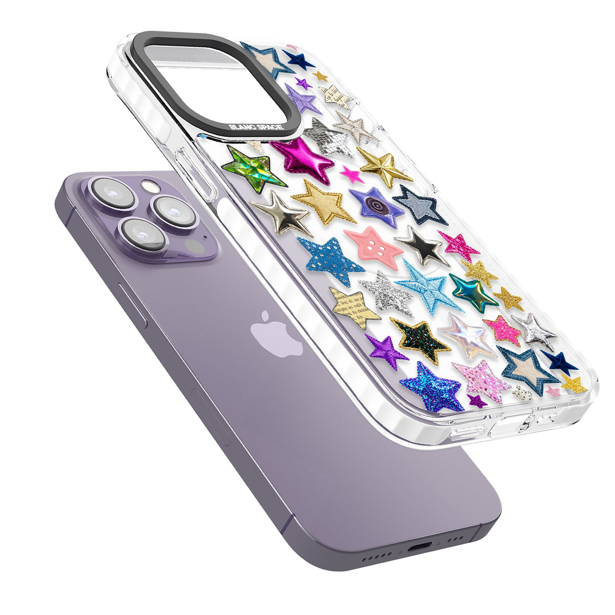 Crafty Star Mix iPhone 13 Pro / iPhone 13 Pro Max / iPhone 14 Pro / iPhone 14 Pro Max / iPhone 15 Pro / iPhone 15 Pro Max Impact Pro Clear Phone Case angled