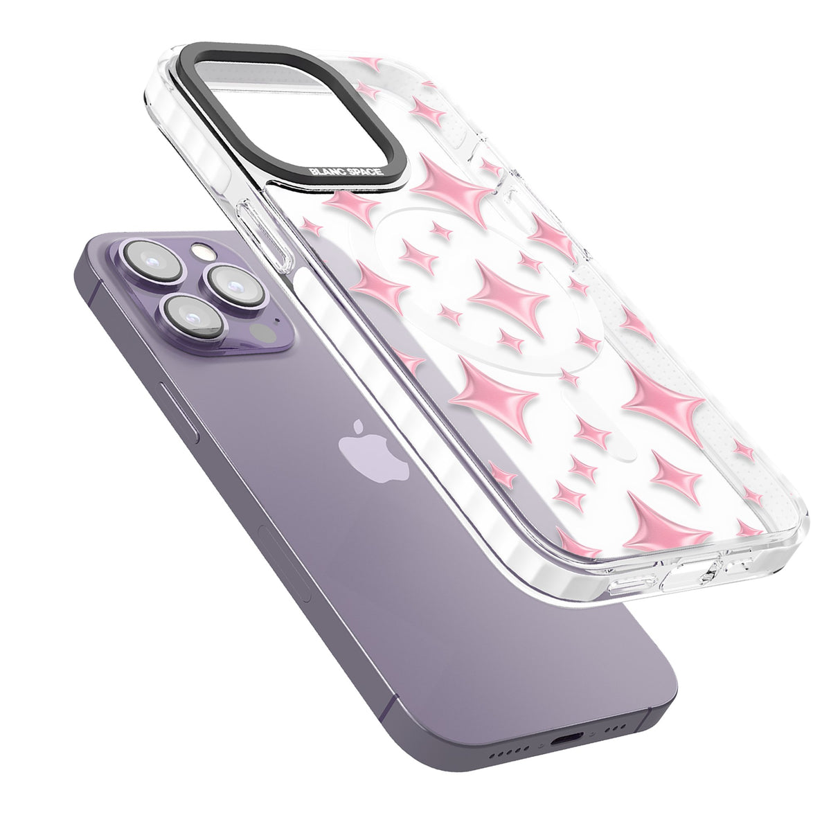 Pink Puff Sparkle Pattern iPhone 13 Pro / iPhone 13 Pro Max / iPhone 14 Pro / iPhone 14 Pro Max / iPhone 15 Pro / iPhone 15 Pro Max Impact Pro Clear Phone Case angled